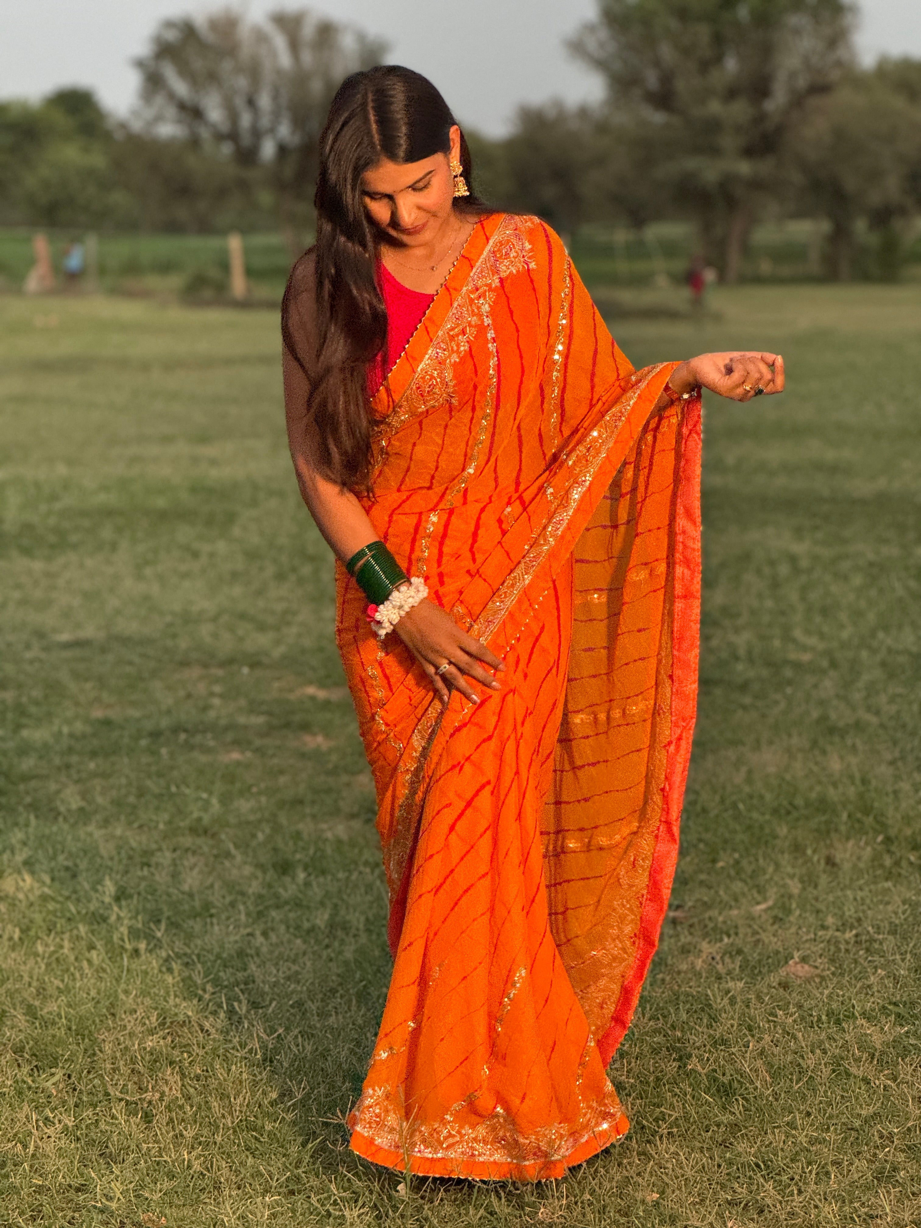 Rajasthani Traditional Leheriya Saree With Aari Taari & Cut Dana Work (With Blouse)