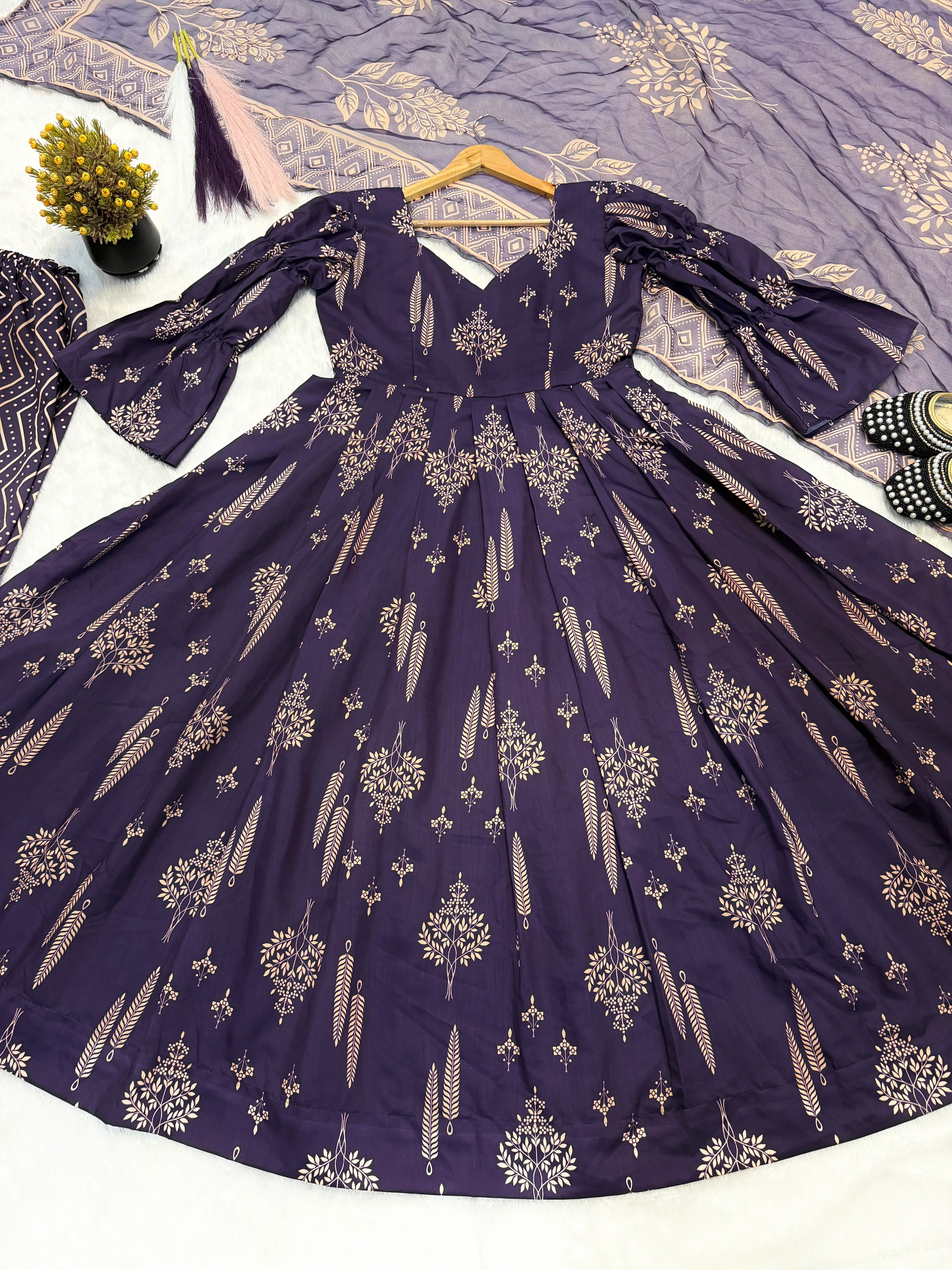Elegant Maslin Cotton Anarkali Set with 5-Meter Flair & Full Sleeves