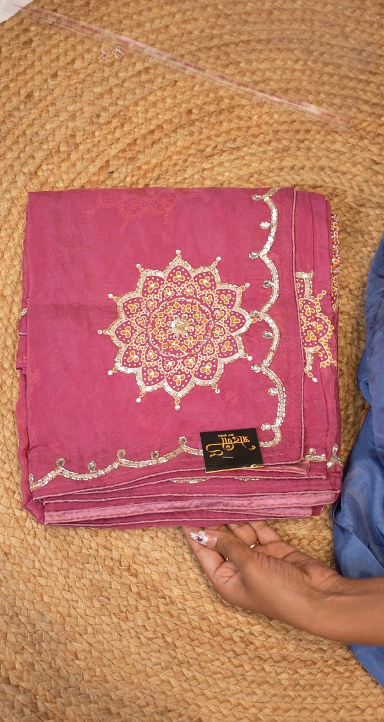 Rani Pink Organza Saree with Mandala Handwork & Sequin Lace Border