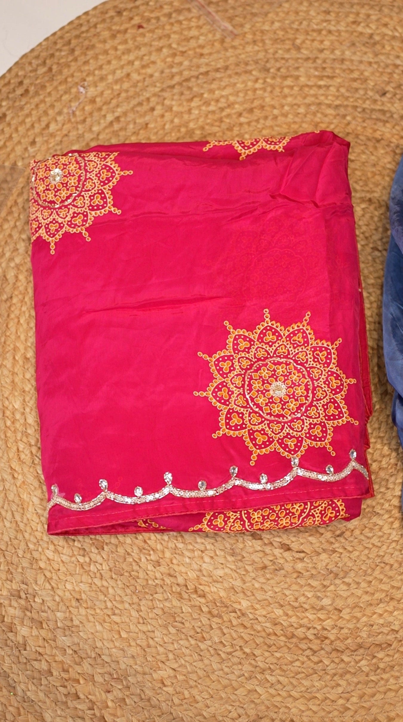 Rani Pink Organza Saree with Mandala Handwork & Sequin Lace Border
