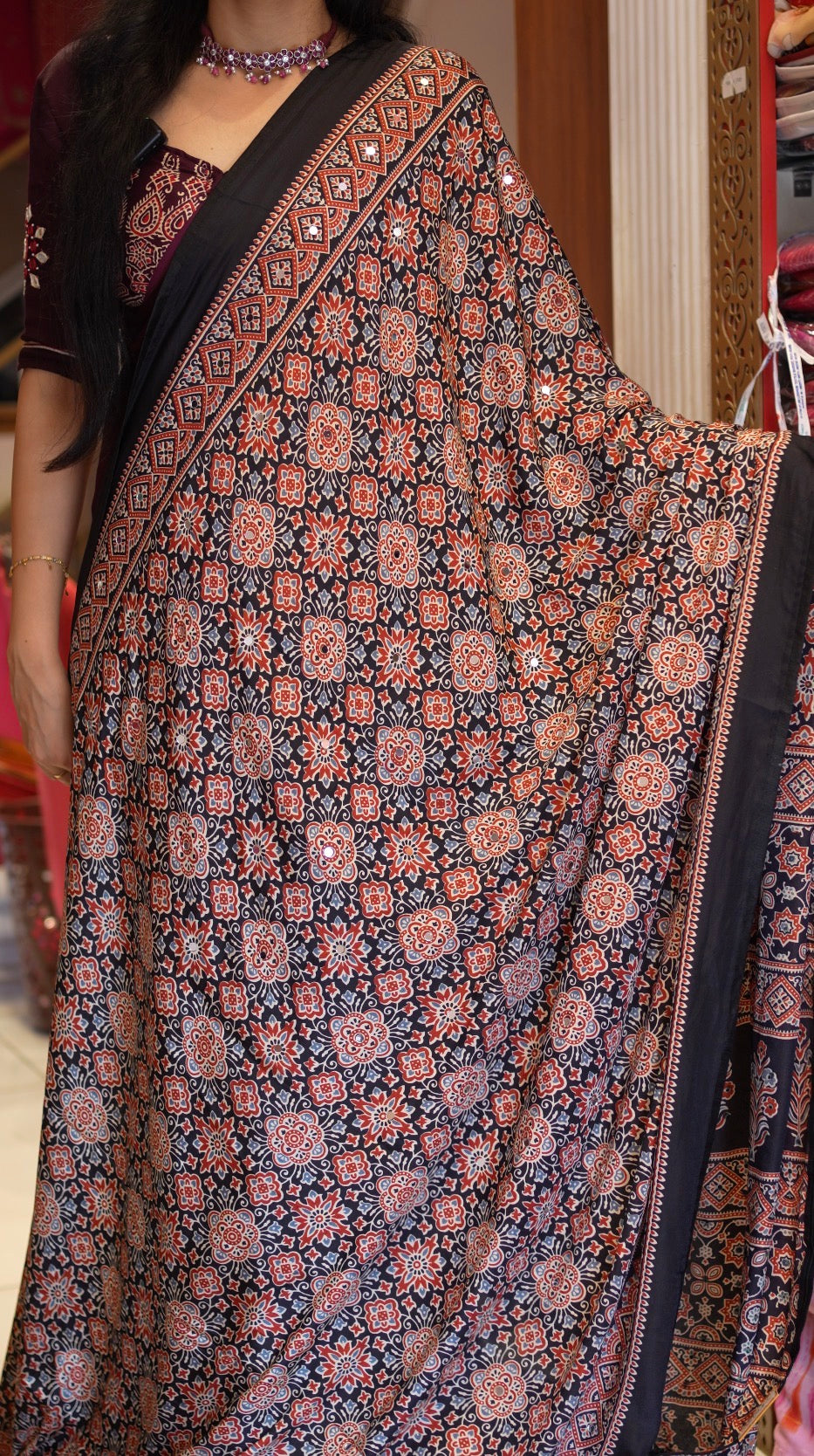 Ajrakh Print Saree with Mirror Work (With Blouse)