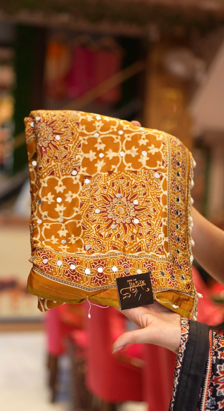 Ajrakh Print Saree with Mirror Work (With Blouse)