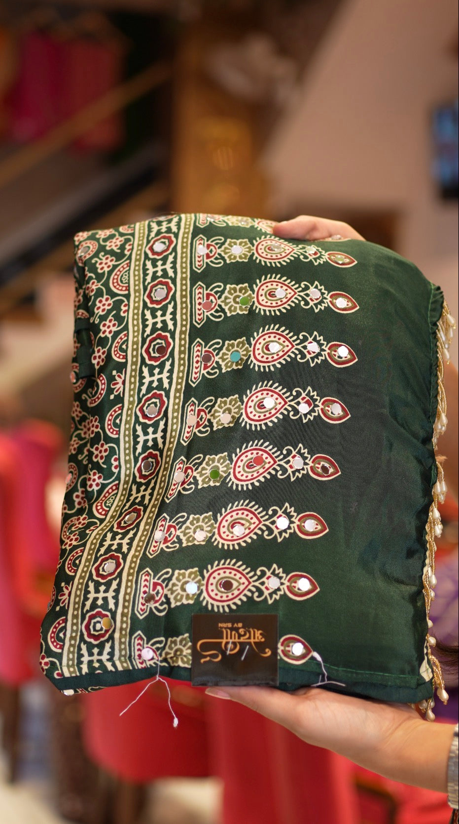 Ajrakh Print Saree with Mirror Work (With Blouse)