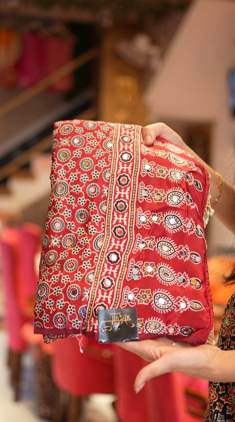 Ajrakh Print Saree with Mirror Work (With Blouse)