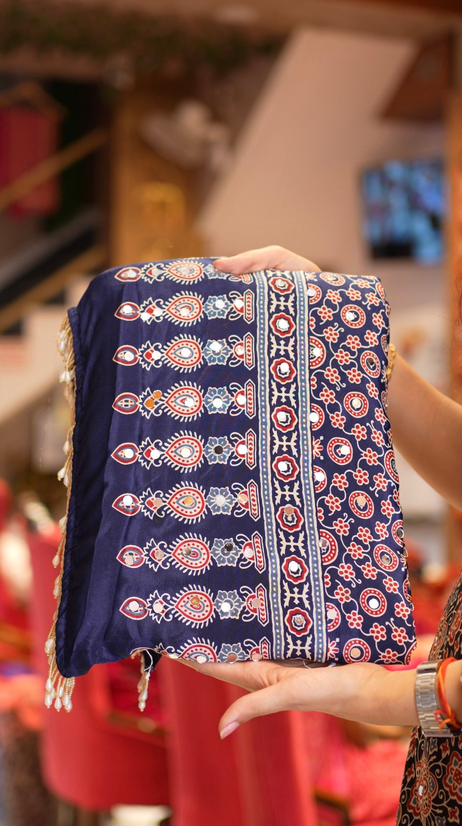 Ajrakh Print Saree with Mirror Work (With Blouse)