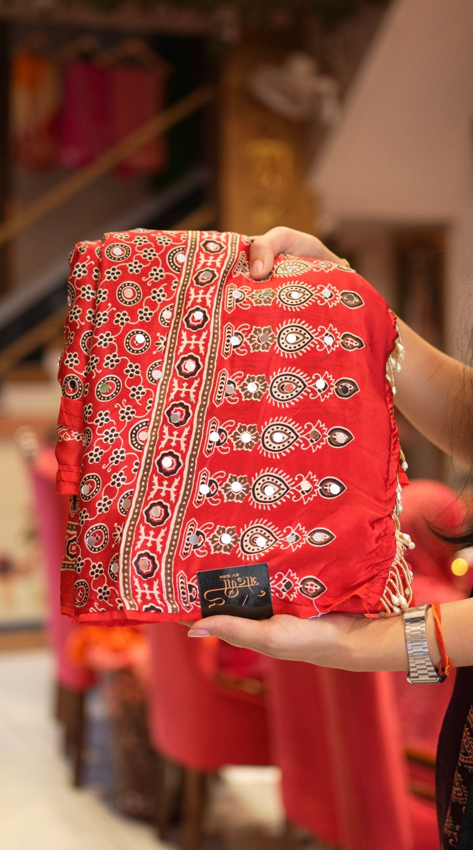 Ajrakh Print Saree with Mirror Work (With Blouse)