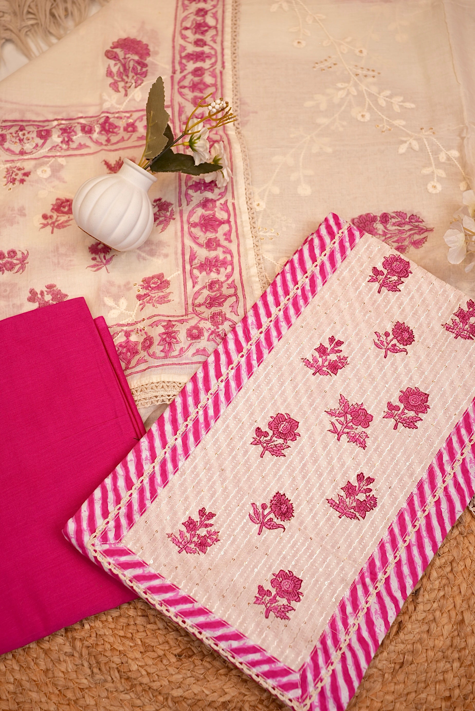 Pink Floral Leheriya Embroidered Unstitched Suit