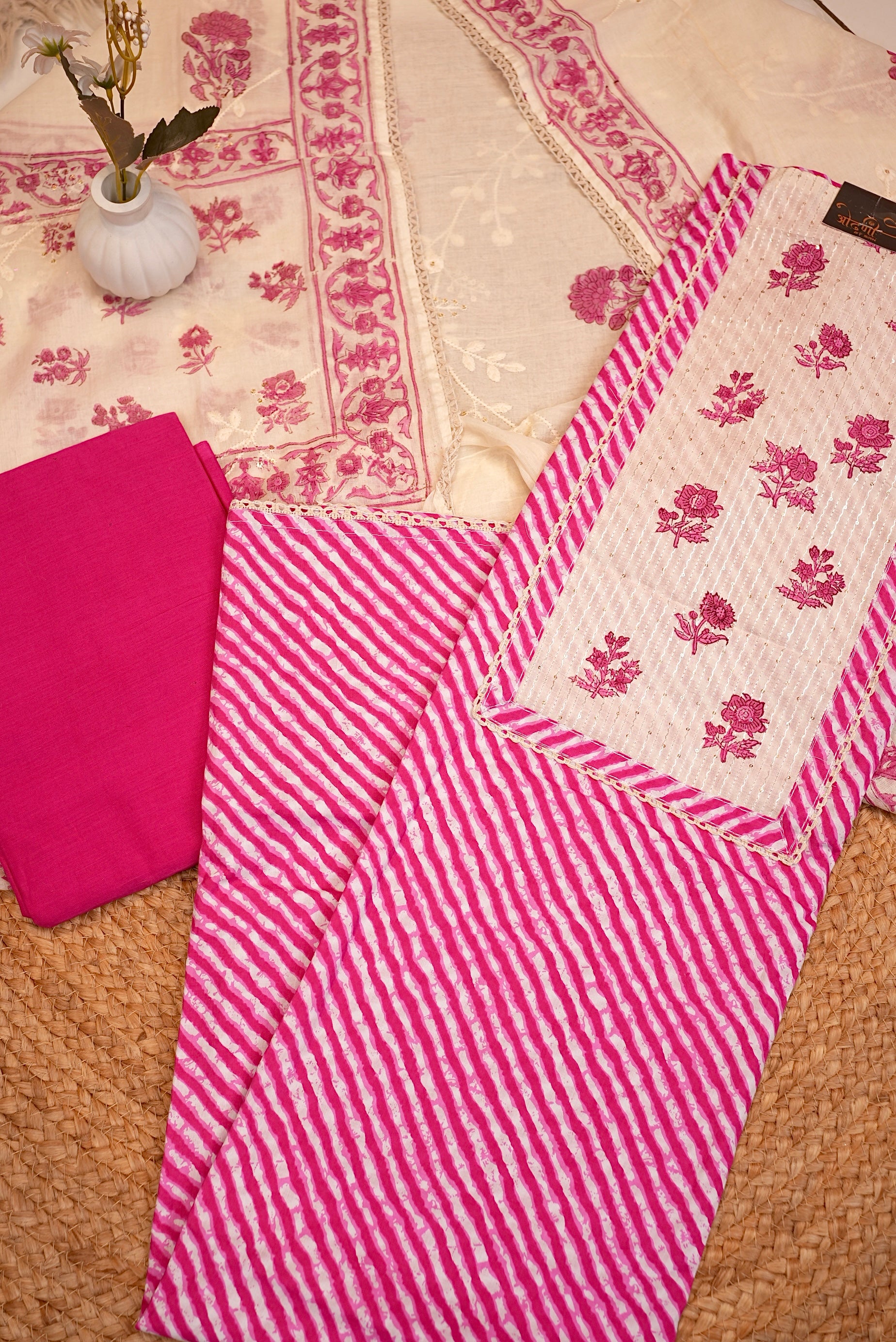 Pink Floral Leheriya Embroidered Unstitched Suit