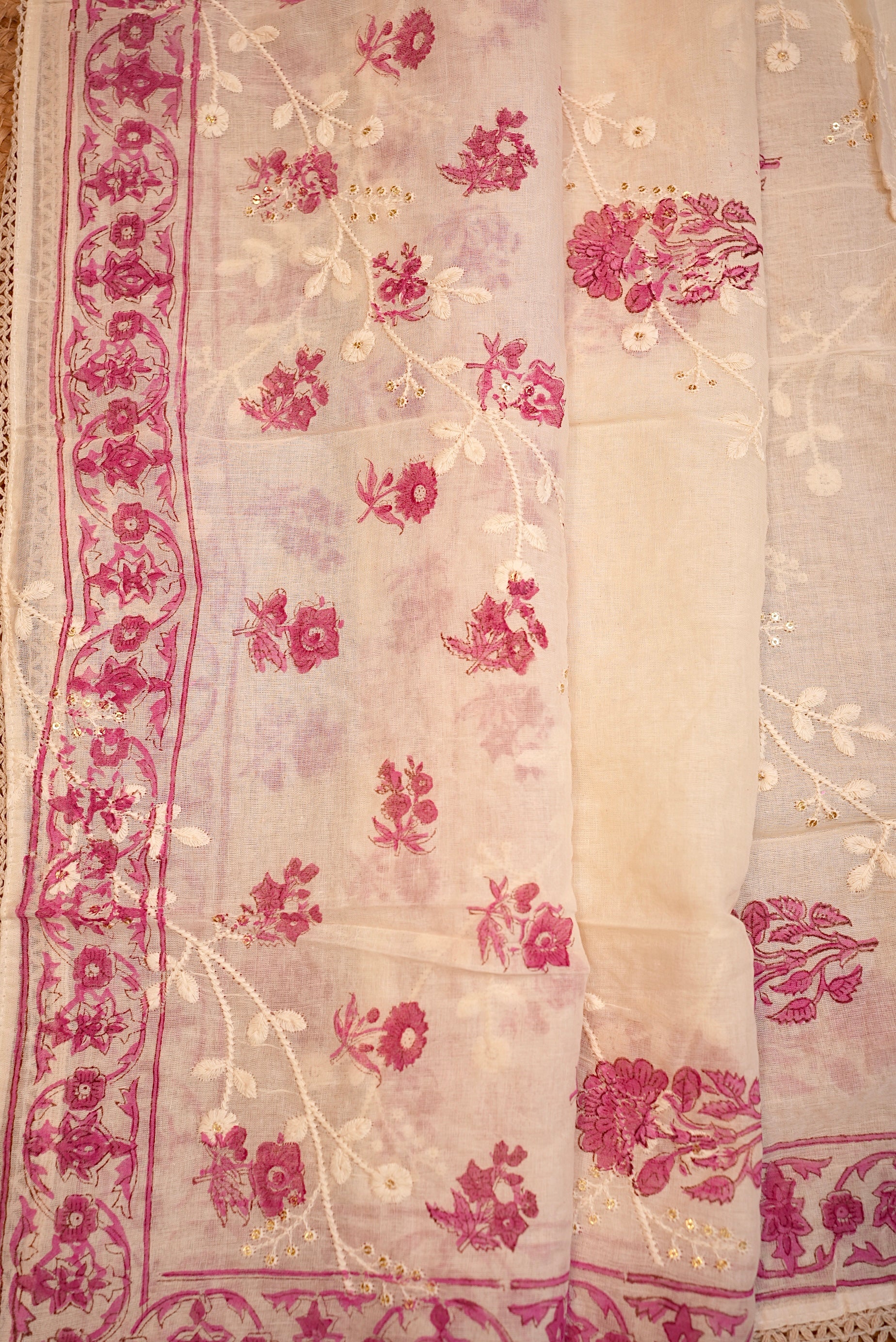 Pink Floral Leheriya Embroidered Unstitched Suit