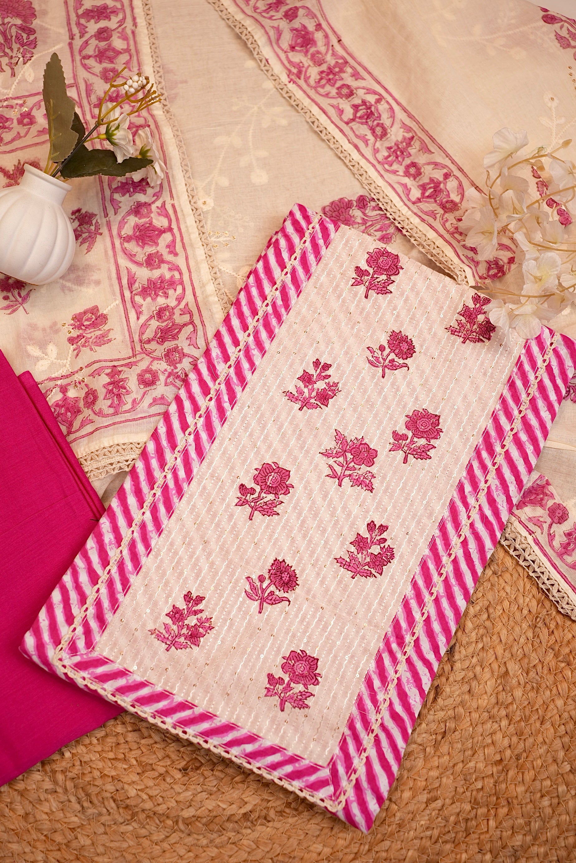 Pink Floral Leheriya Embroidered Unstitched Suit