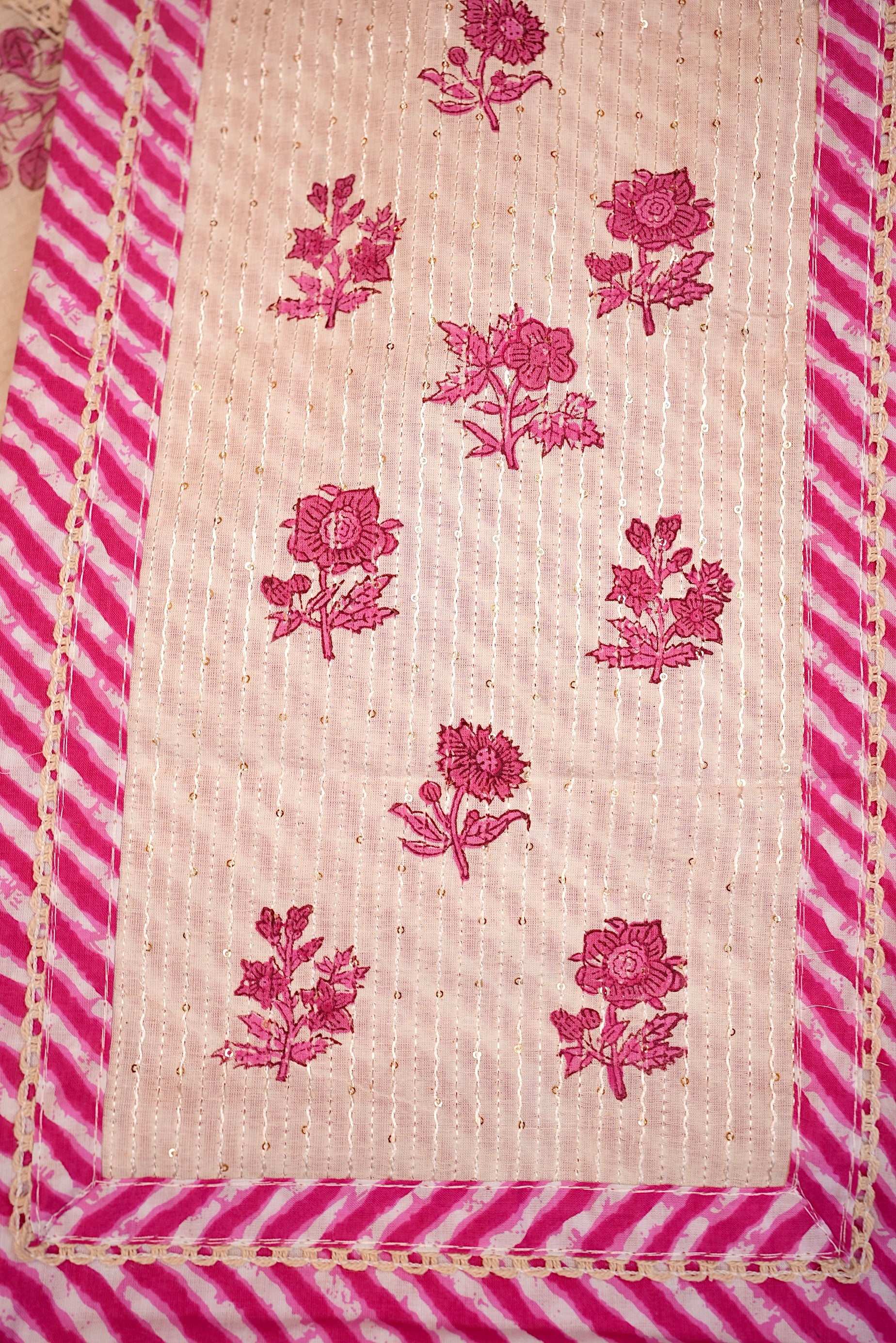 Pink Floral Leheriya Embroidered Unstitched Suit