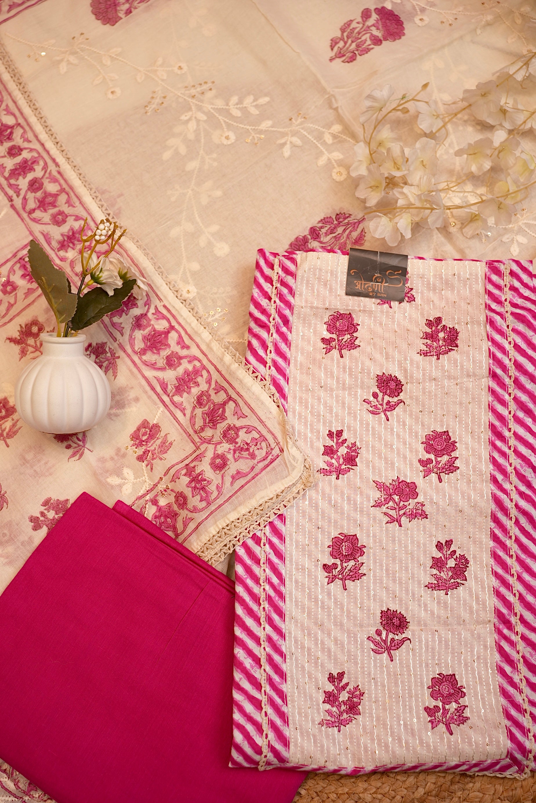 Pink Floral Leheriya Embroidered Unstitched Suit