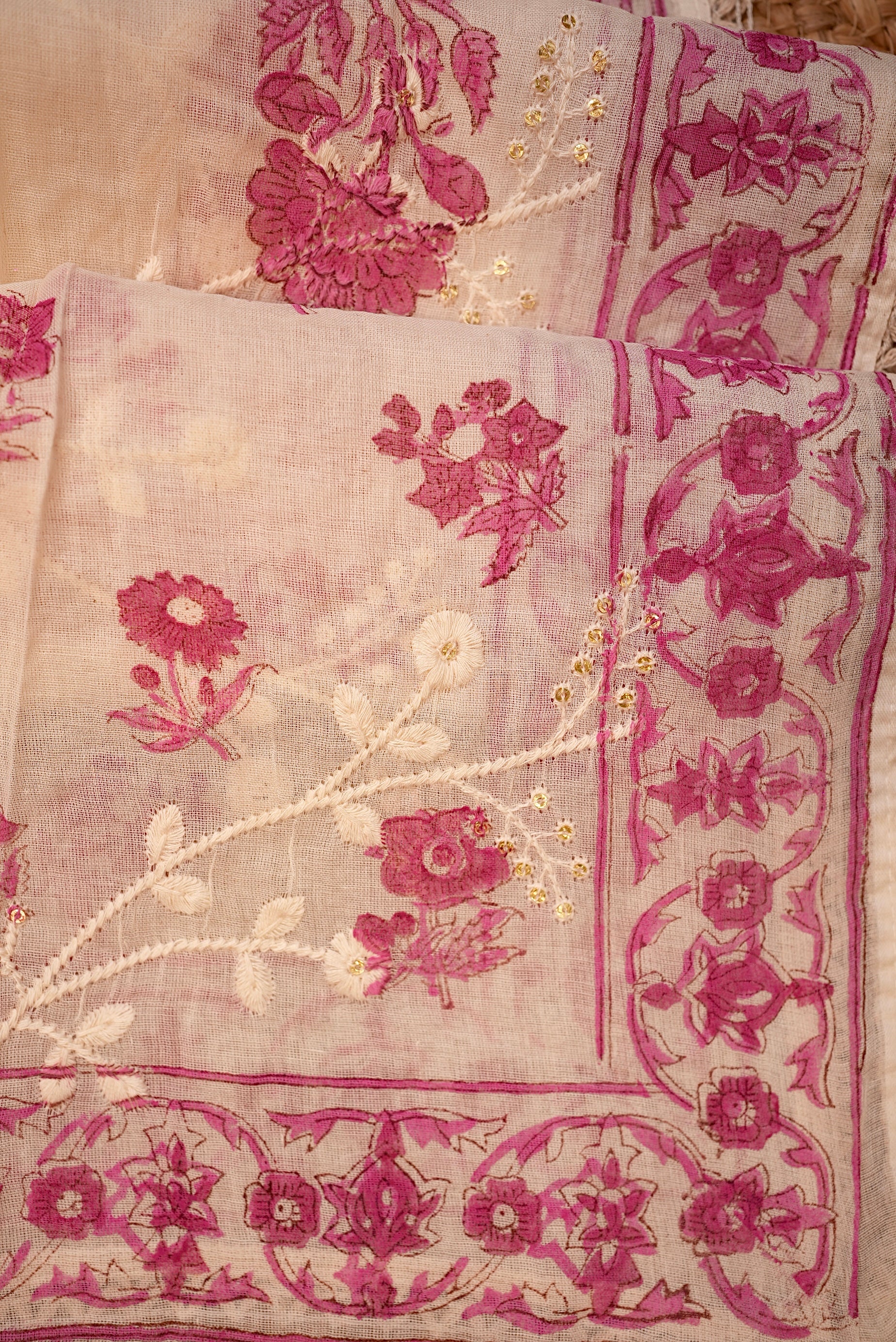 Pink Floral Leheriya Embroidered Unstitched Suit