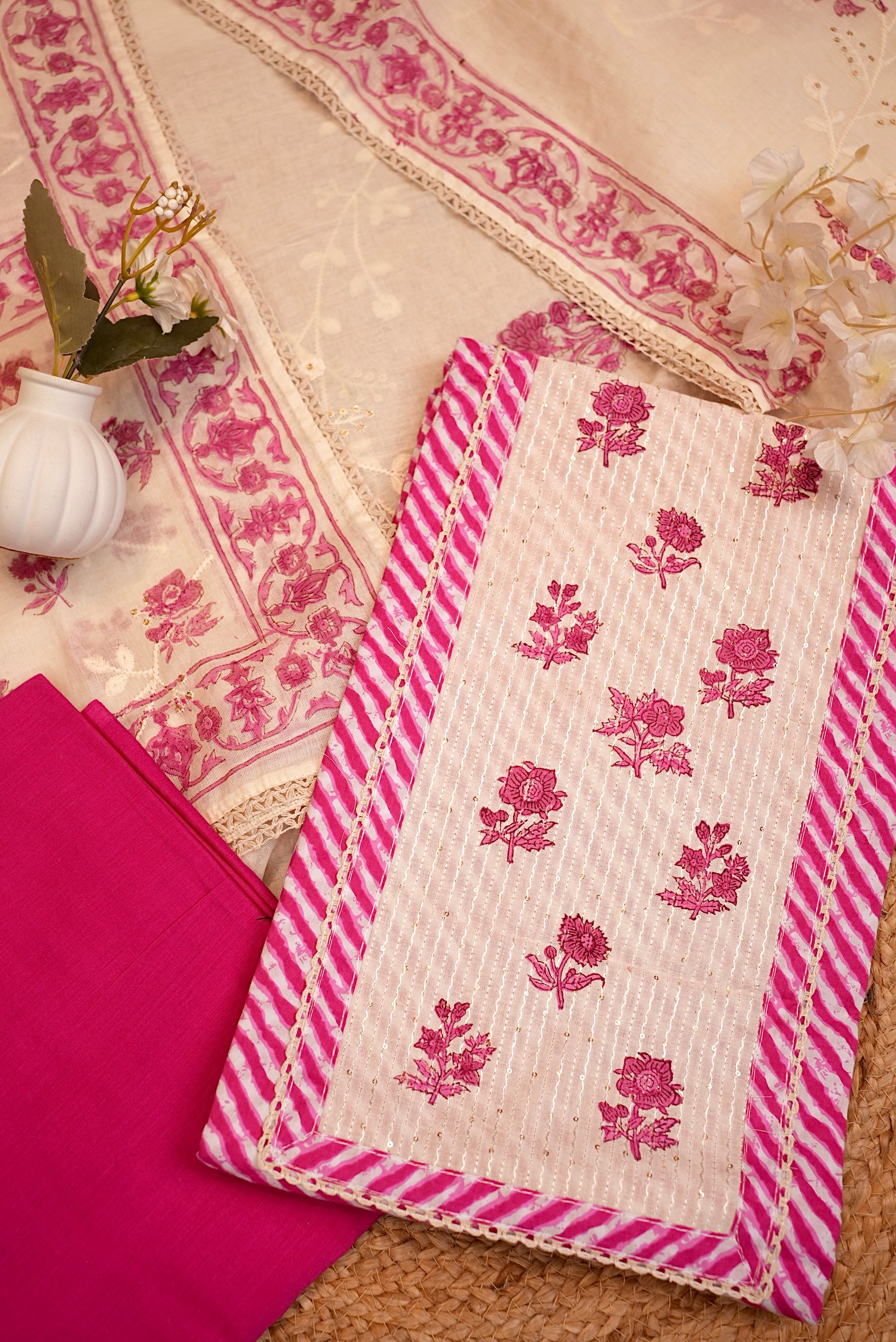 Pink Floral Leheriya Embroidered Unstitched Suit