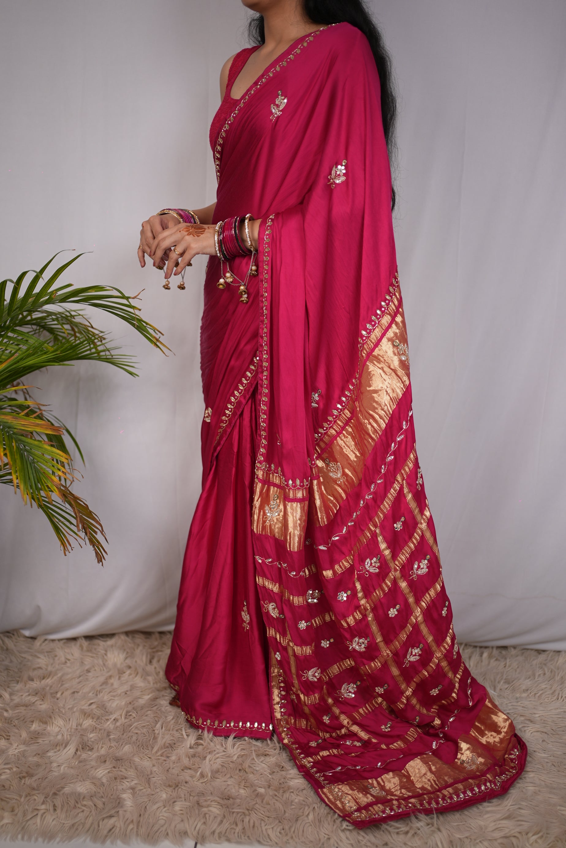 Pure Gajji Silk Fabric Gota Patti Handwork With Heavy Pallu