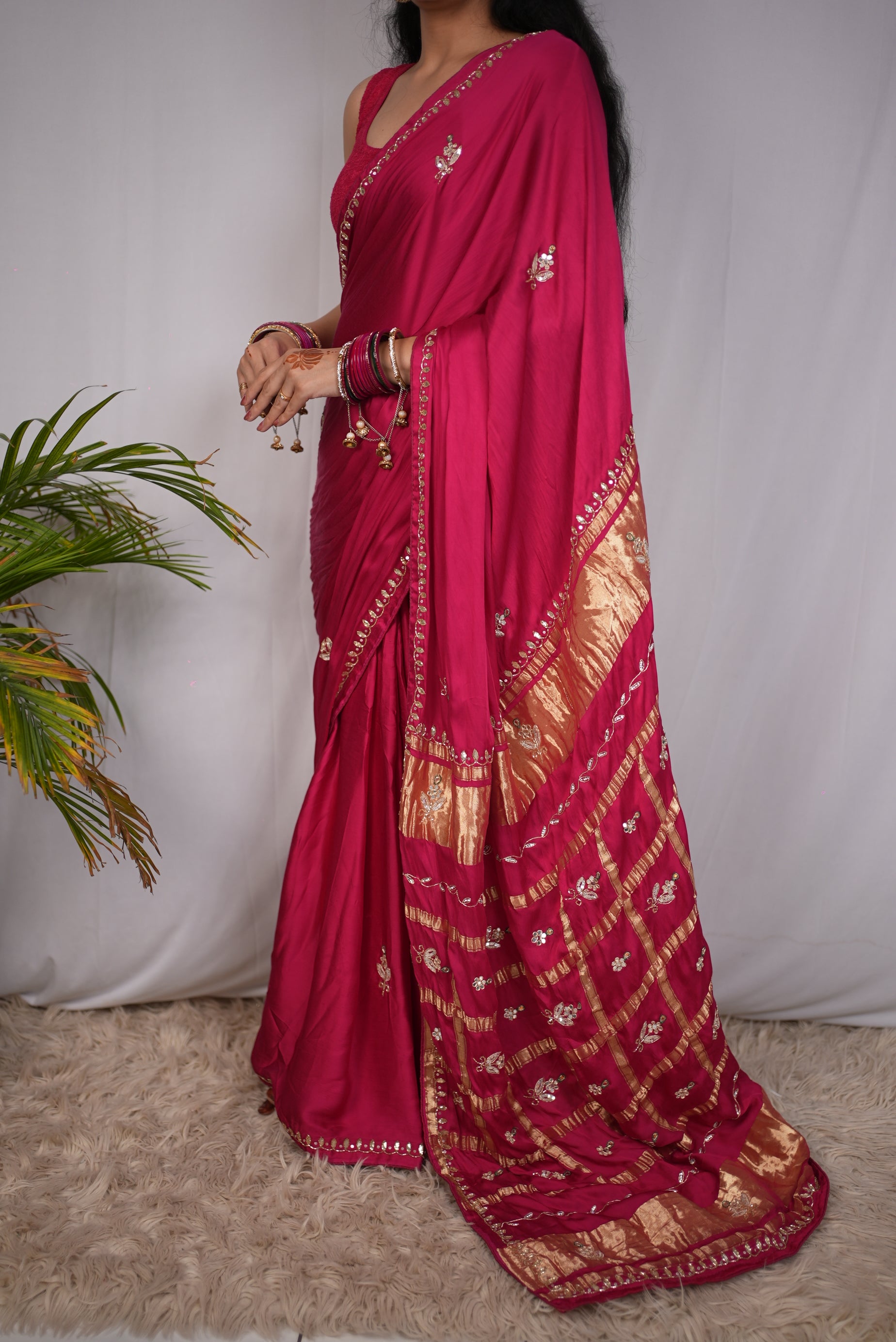 Pure Gajji Silk Fabric Gota Patti Handwork With Heavy Pallu