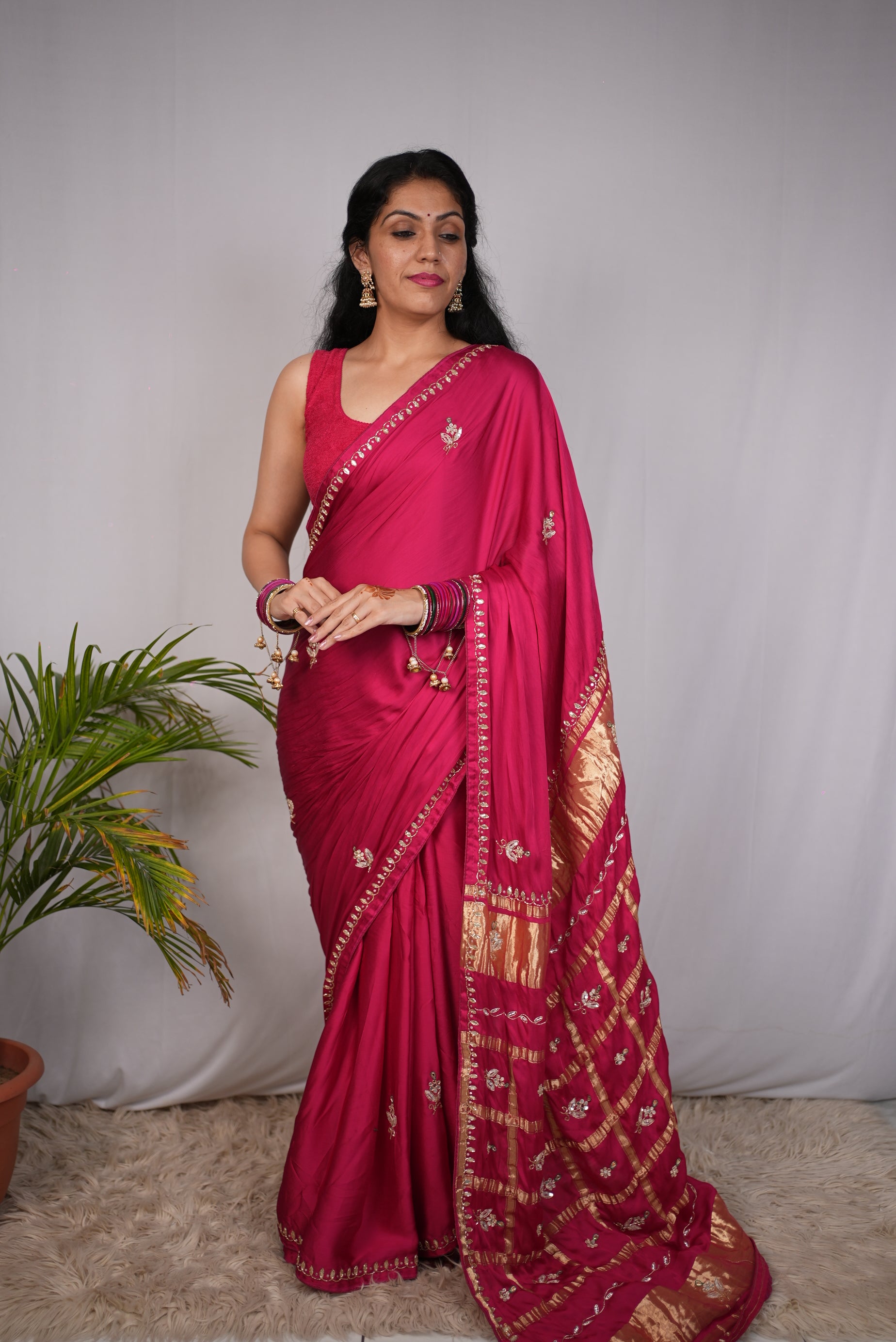Pure Gajji Silk Fabric Gota Patti Handwork With Heavy Pallu