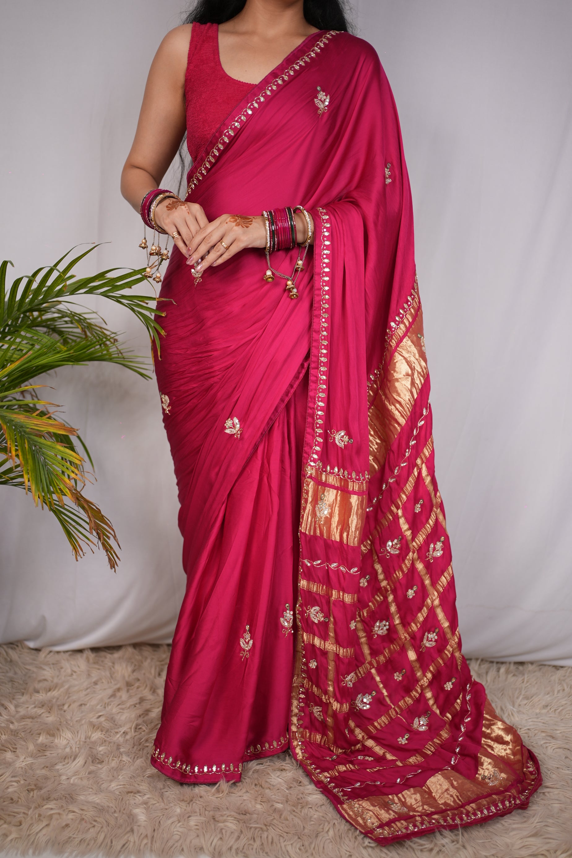 Pure Gajji Silk Fabric Gota Patti Handwork With Heavy Pallu