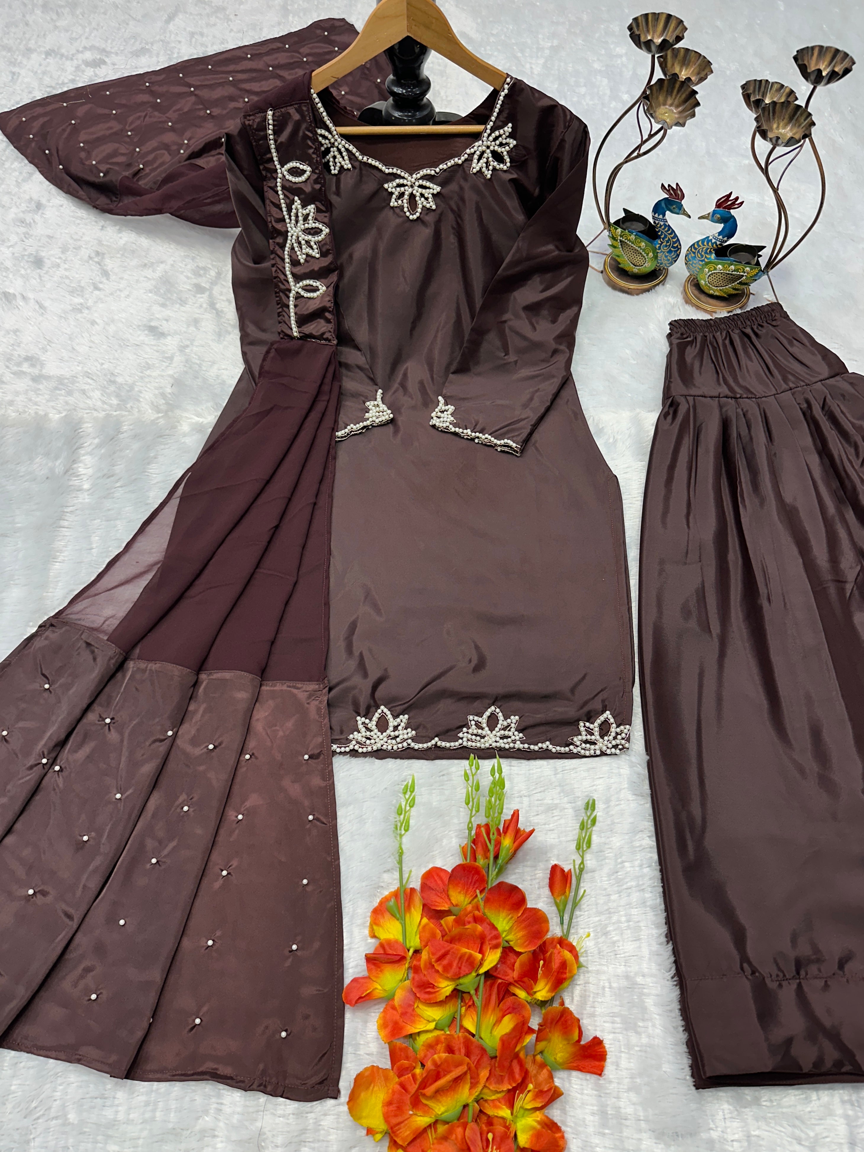 Wedding Wear Heavy Crepe Farsi Salwar Suit Set with Pearl Moti Work