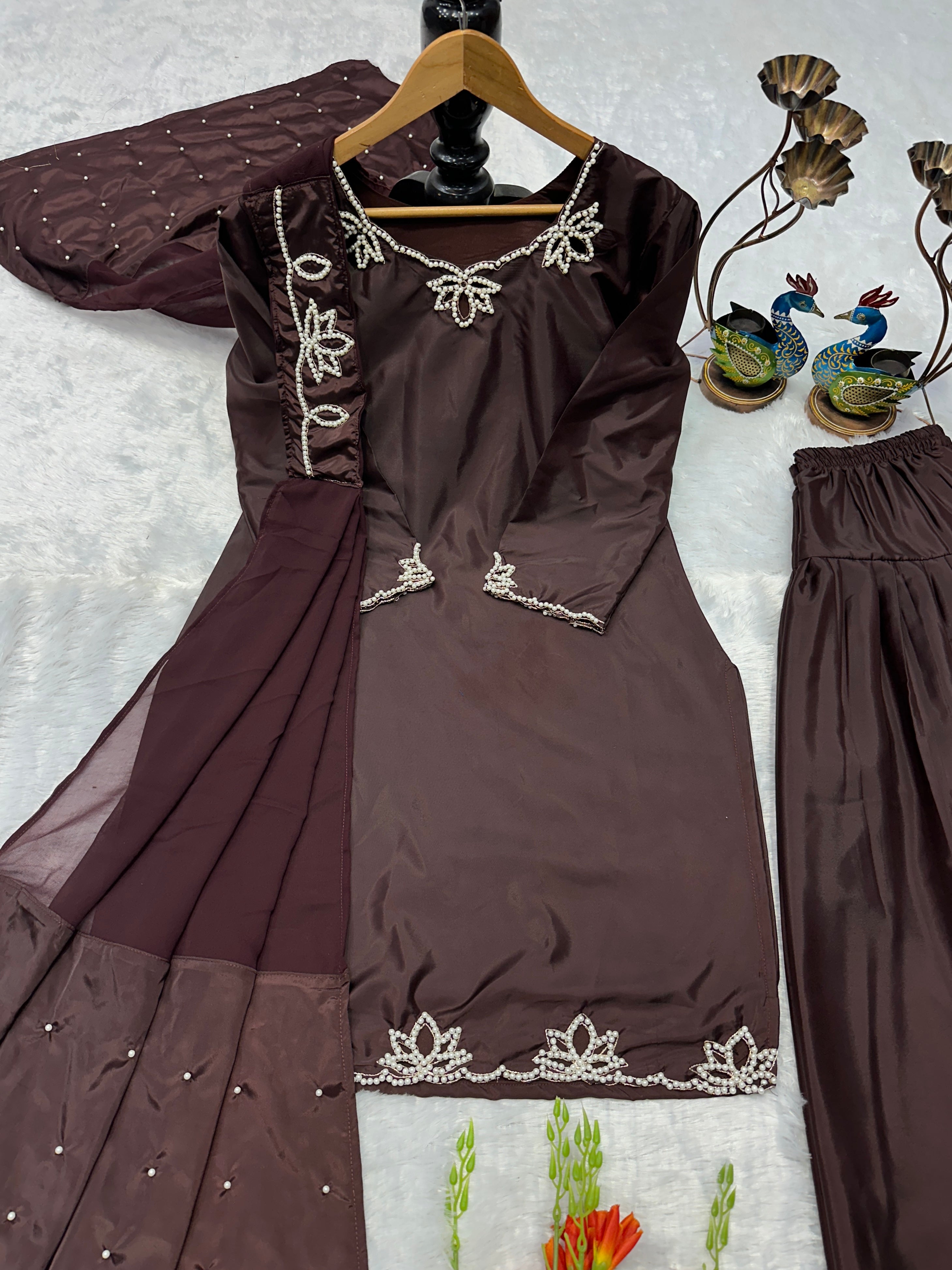 Wedding Wear Heavy Crepe Farsi Salwar Suit Set with Pearl Moti Work
