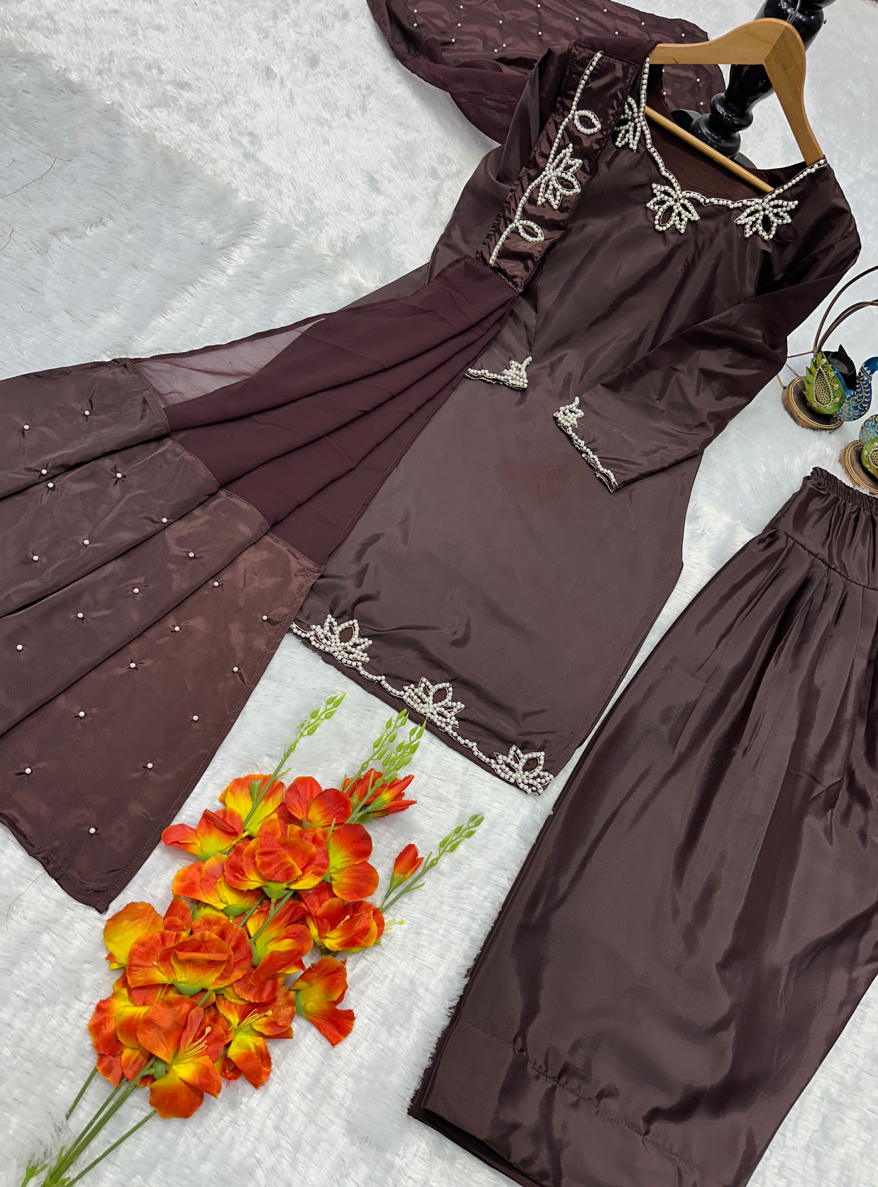 Wedding Wear Heavy Crepe Farsi Salwar Suit Set with Pearl Moti Work
