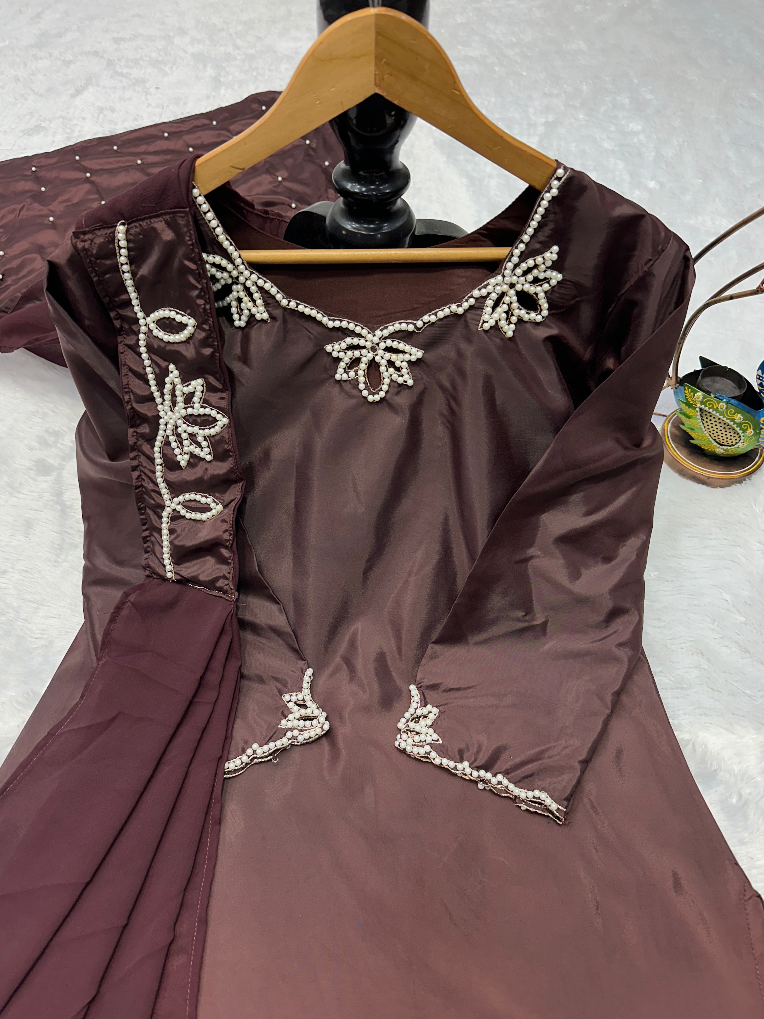 Wedding Wear Heavy Crepe Farsi Salwar Suit Set with Pearl Moti Work