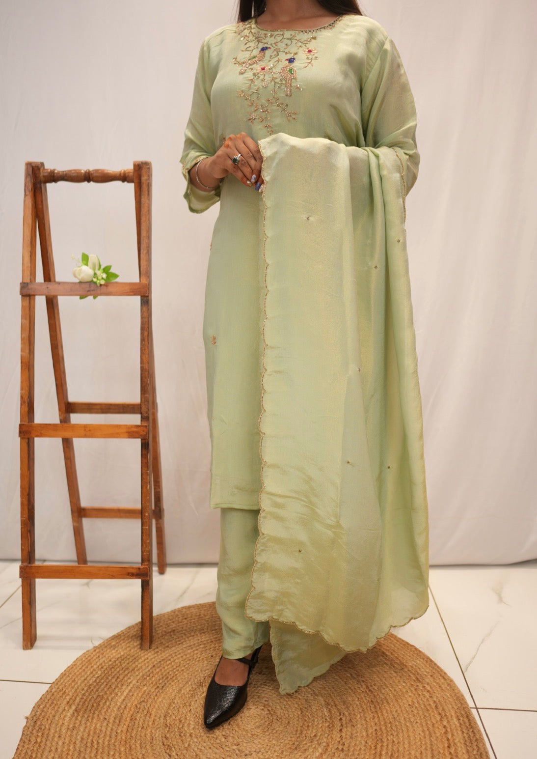 Pastel Green Embroidered Straight Kurta Set With Dupatta