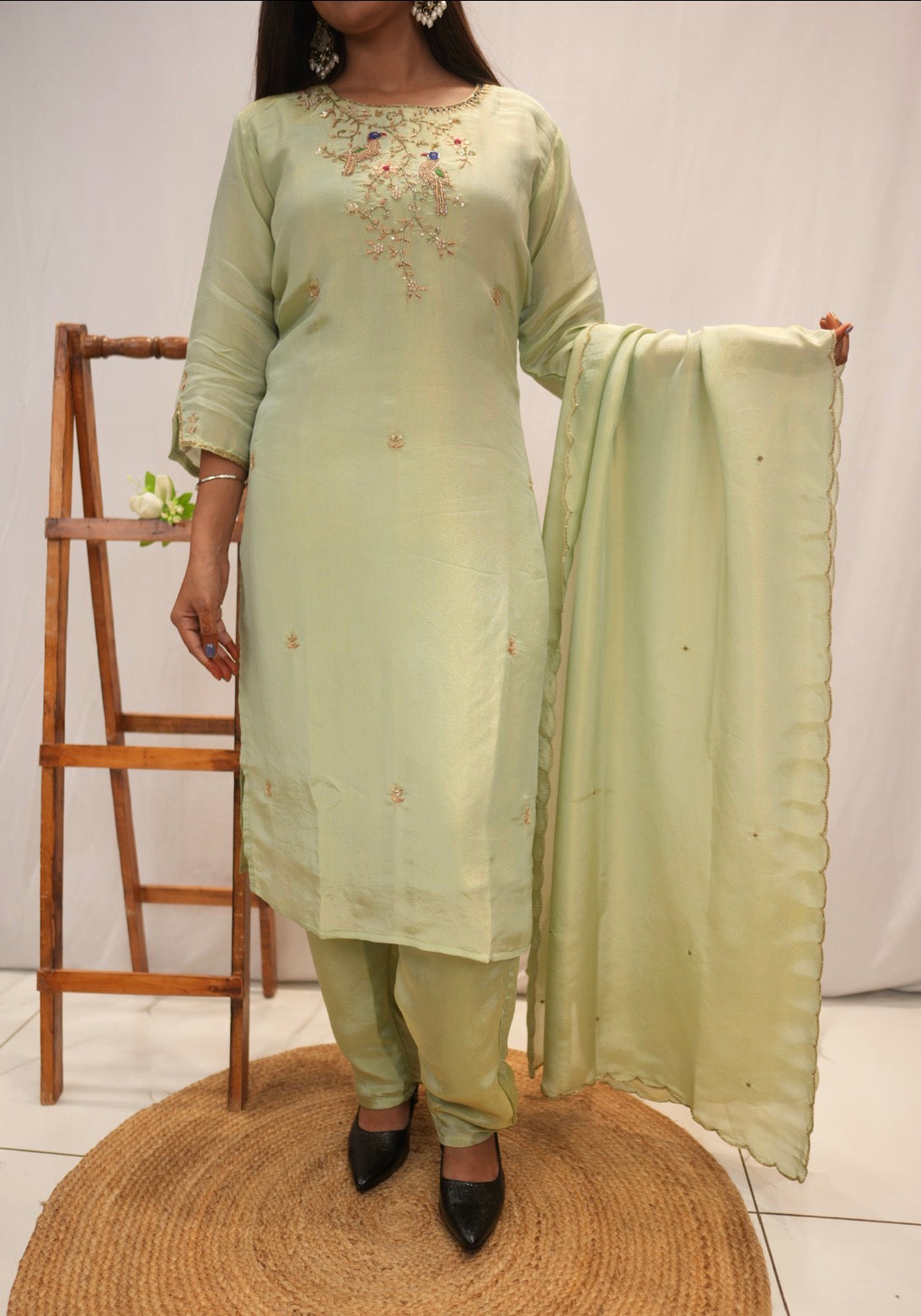 Pastel Green Embroidered Straight Kurta Set With Dupatta