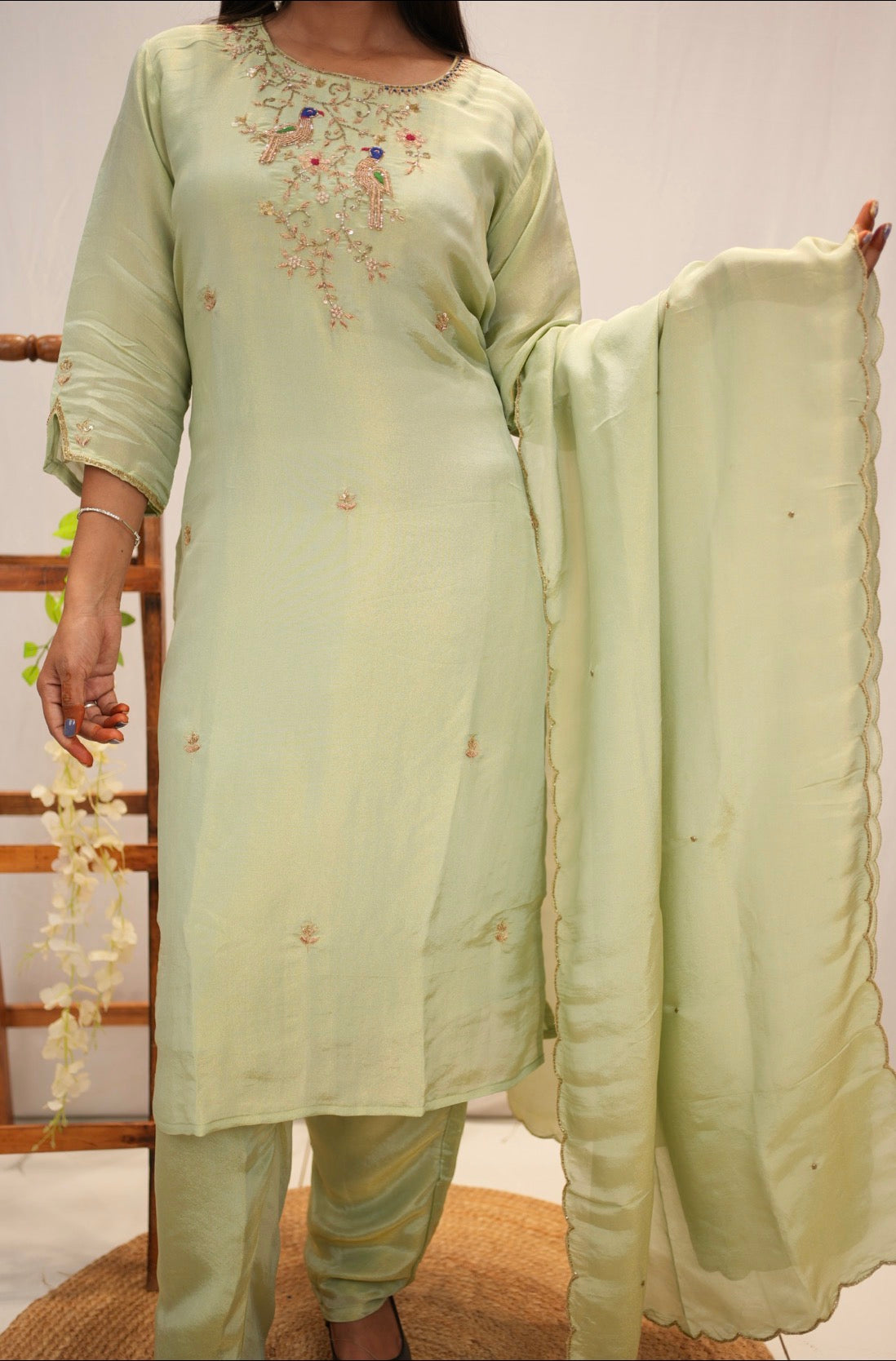 Pastel Green Embroidered Straight Kurta Set With Dupatta