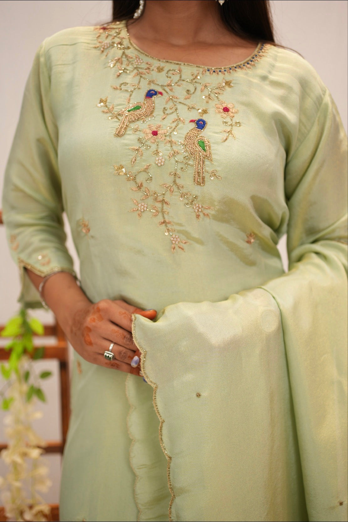 Pastel Green Embroidered Straight Kurta Set With Dupatta