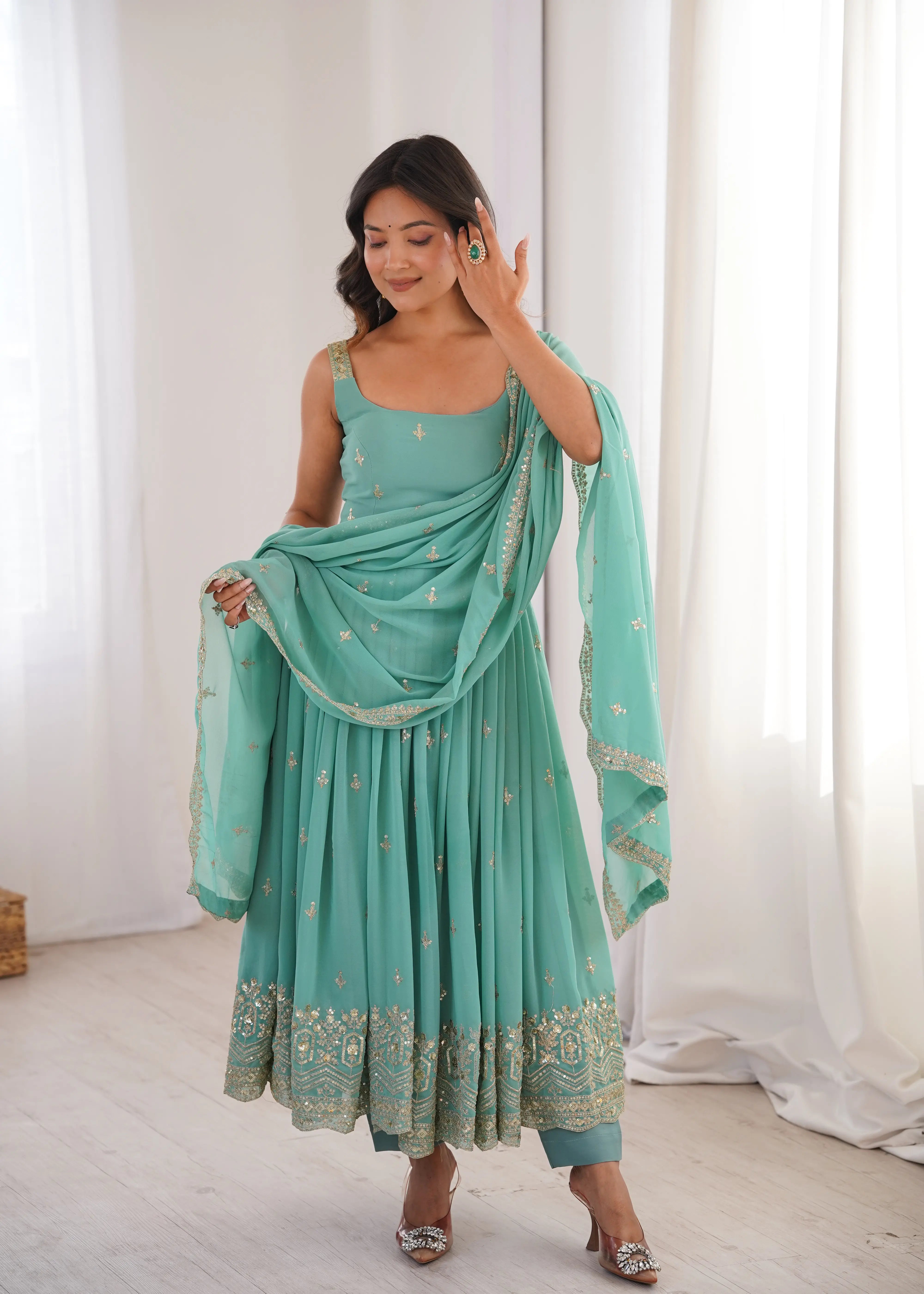 Designer Heavy Faux Georgette Anarkali Suit Set with Pant & Dupatta