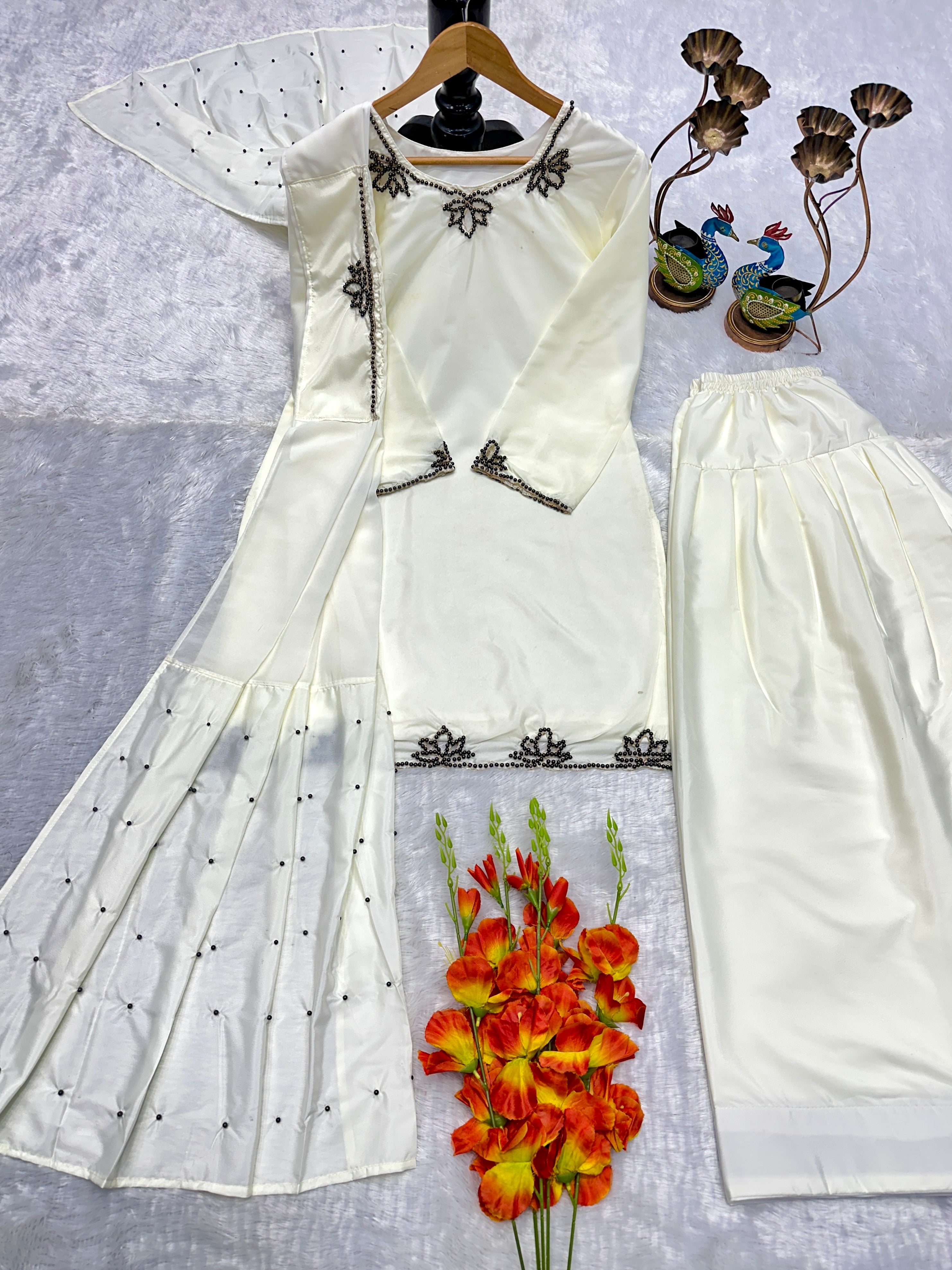 Wedding Wear Heavy Crepe Farsi Salwar Suit Set with Pearl Moti Work