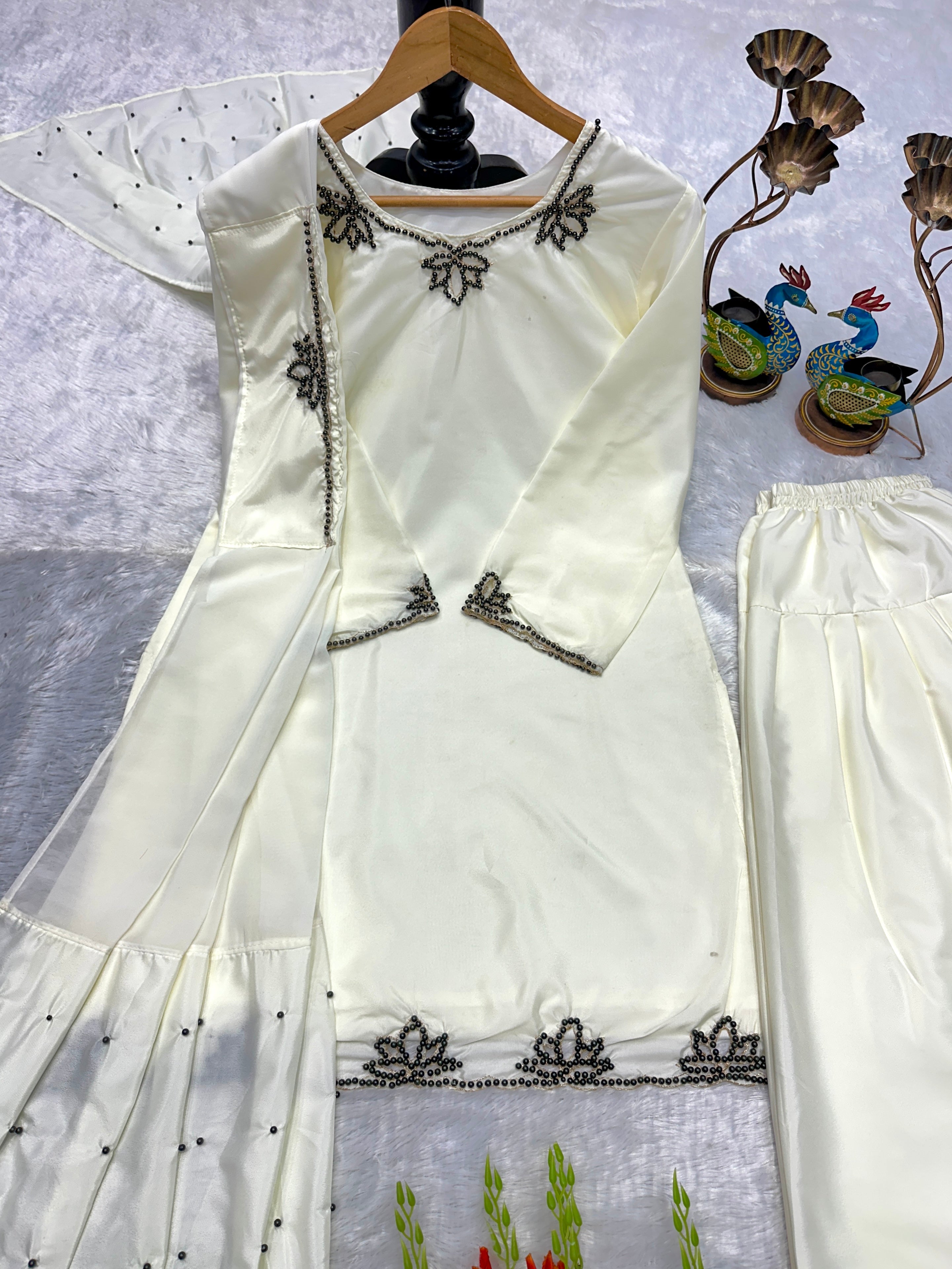 Wedding Wear Heavy Crepe Farsi Salwar Suit Set with Pearl Moti Work
