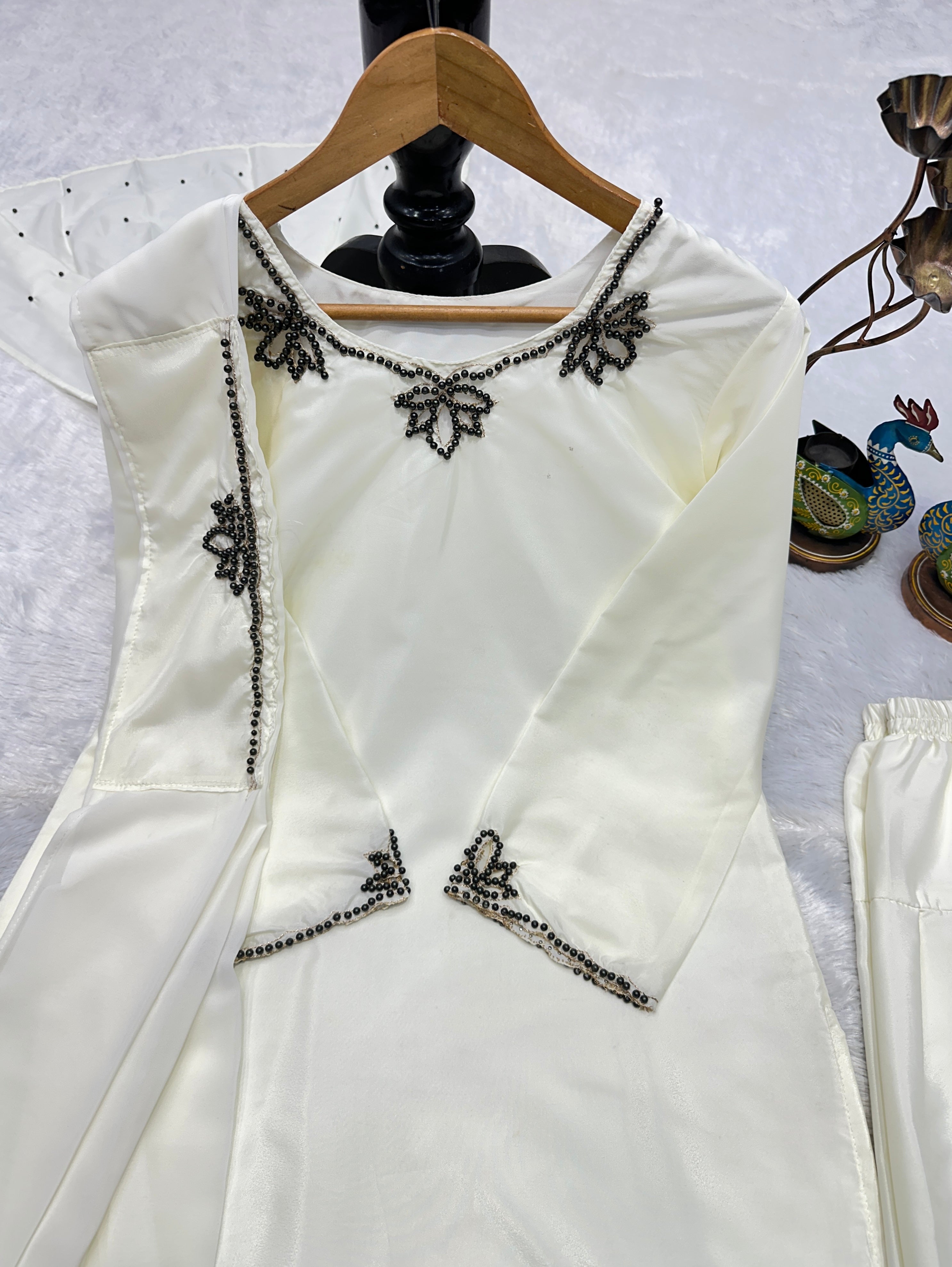 Wedding Wear Heavy Crepe Farsi Salwar Suit Set with Pearl Moti Work