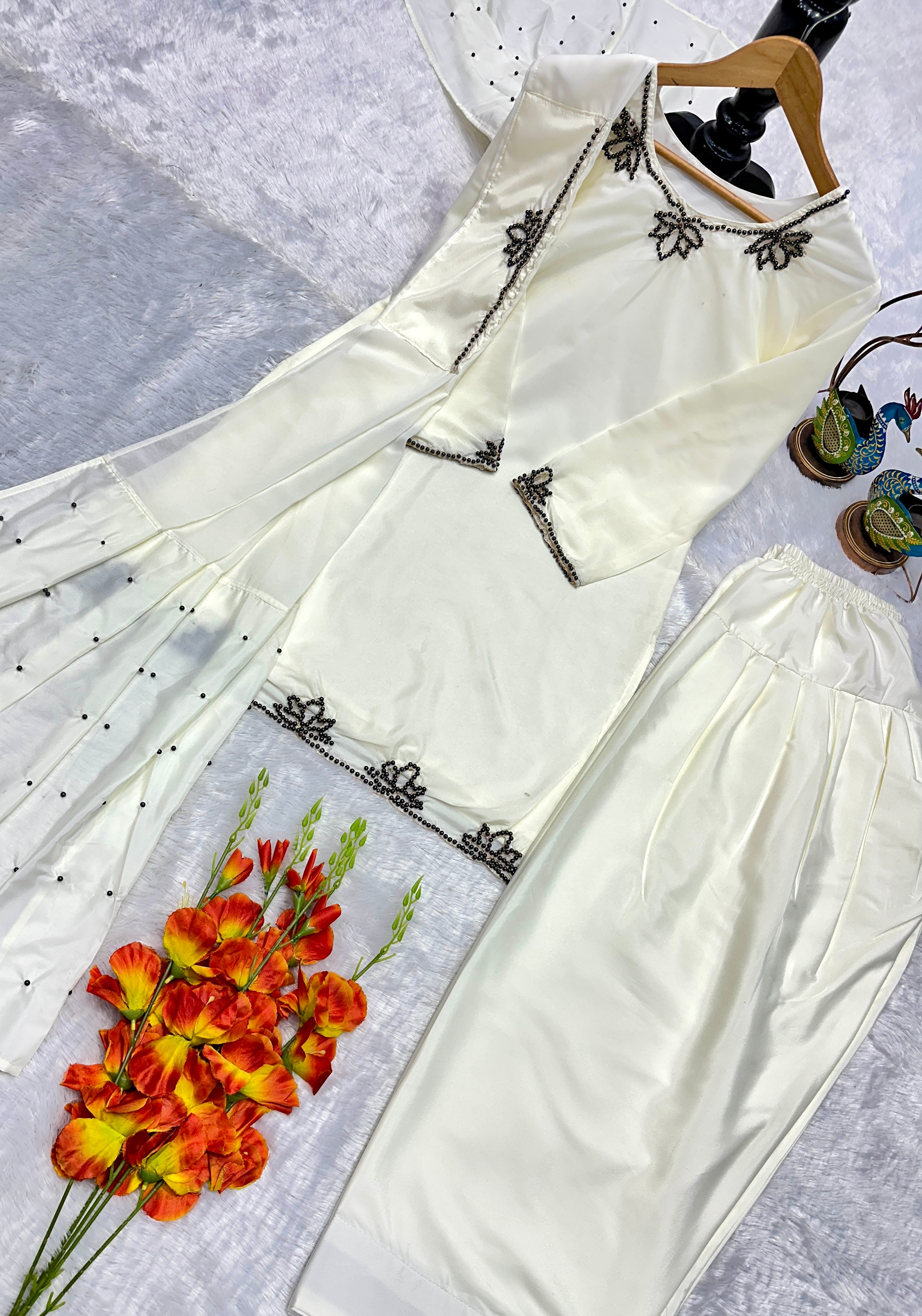 Wedding Wear Heavy Crepe Farsi Salwar Suit Set with Pearl Moti Work