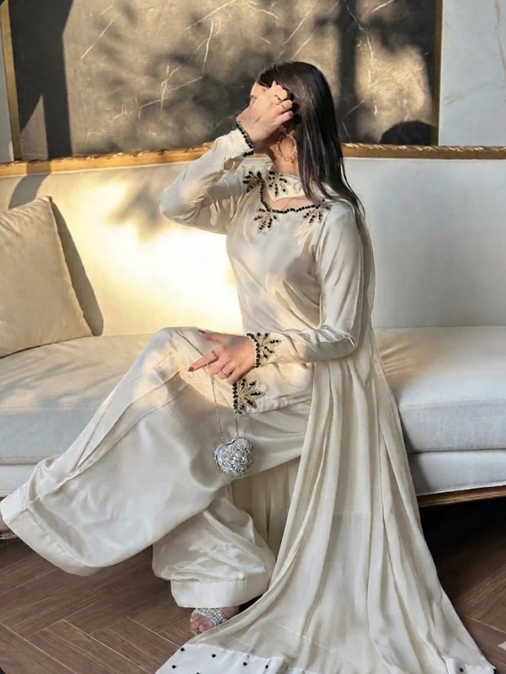 Wedding Wear Heavy Crepe Farsi Salwar Suit Set with Pearl Moti Work