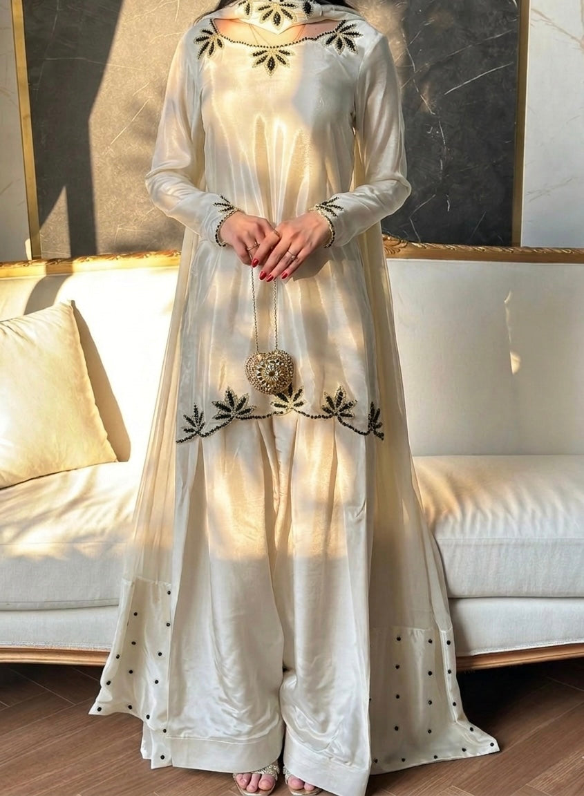 Wedding Wear Heavy Crepe Farsi Salwar Suit Set with Pearl Moti Work