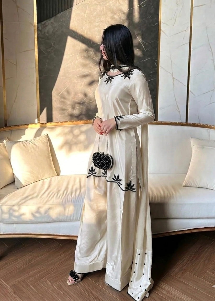 Wedding Wear Heavy Crepe Farsi Salwar Suit Set with Pearl Moti Work