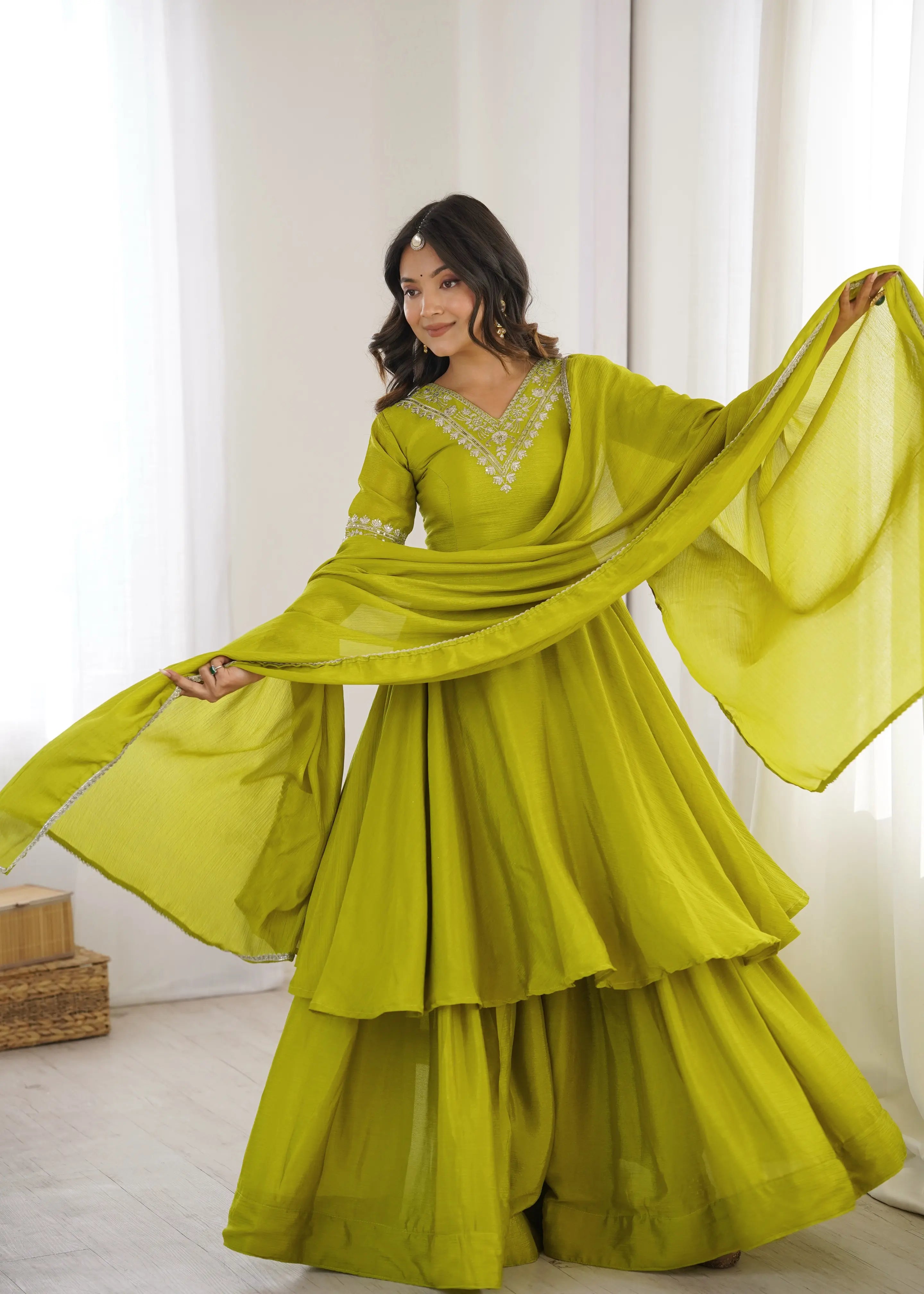 Women's Heavy Chinon Silk Embroidered Palazzo Suit with Dupatta