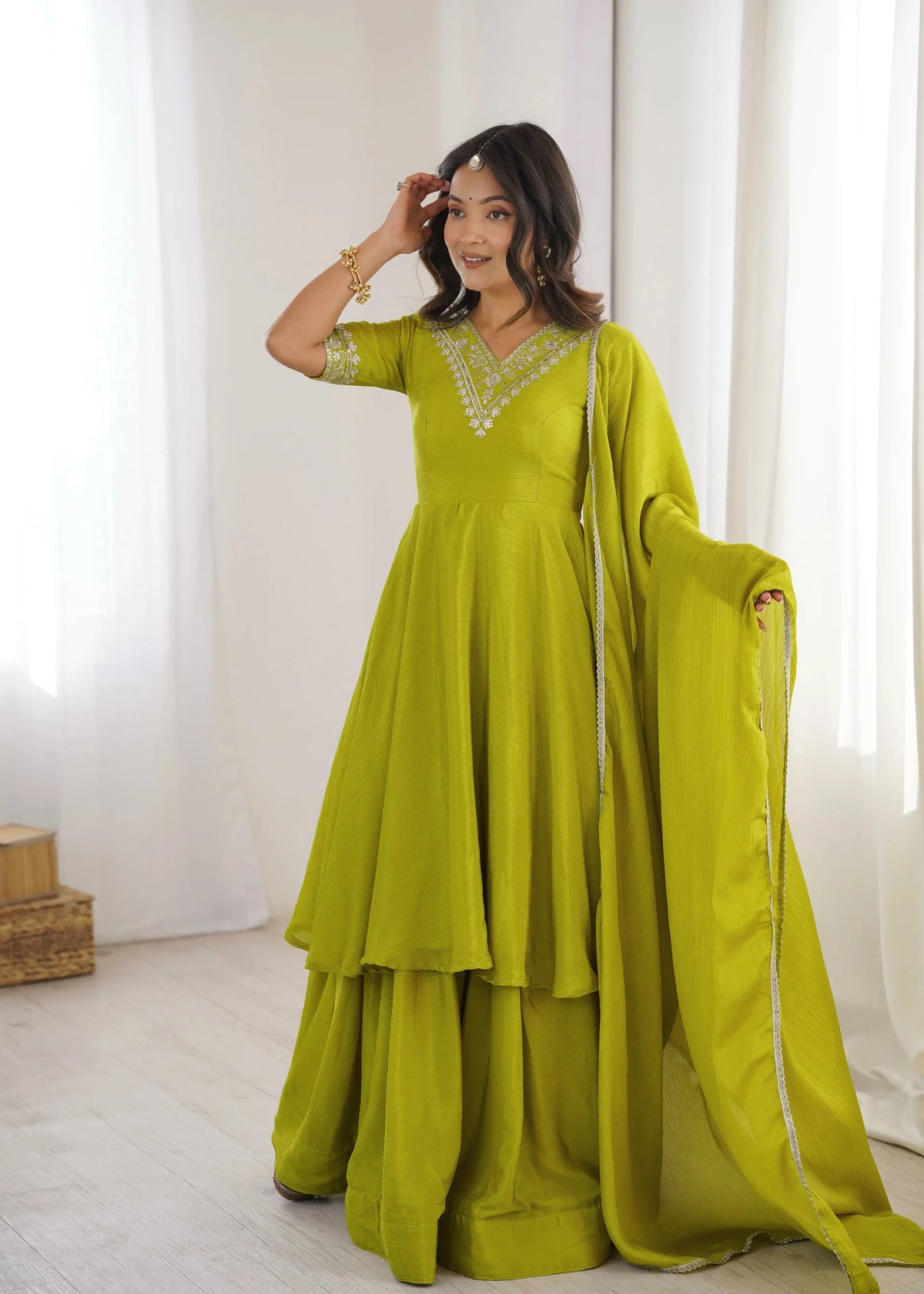 Women's Heavy Chinon Silk Embroidered Palazzo Suit with Dupatta