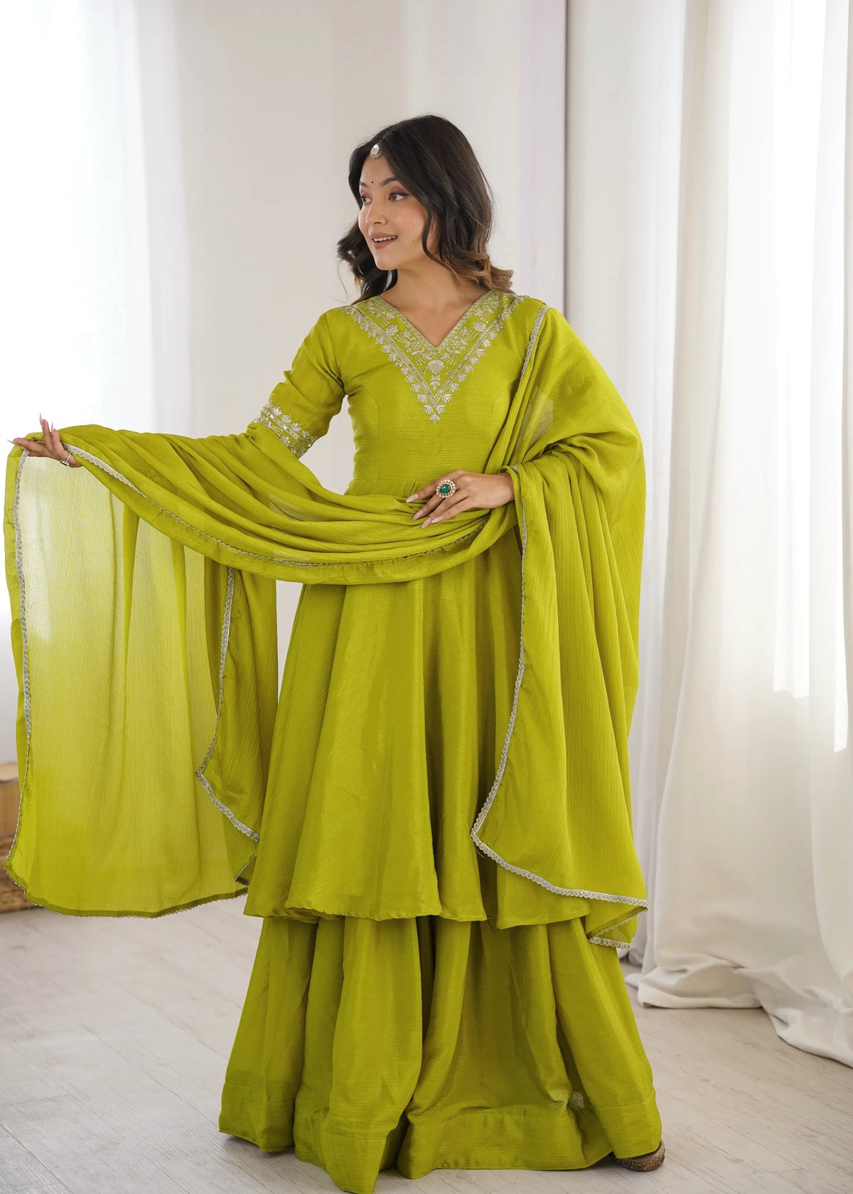 Women's Heavy Chinon Silk Embroidered Palazzo Suit with Dupatta