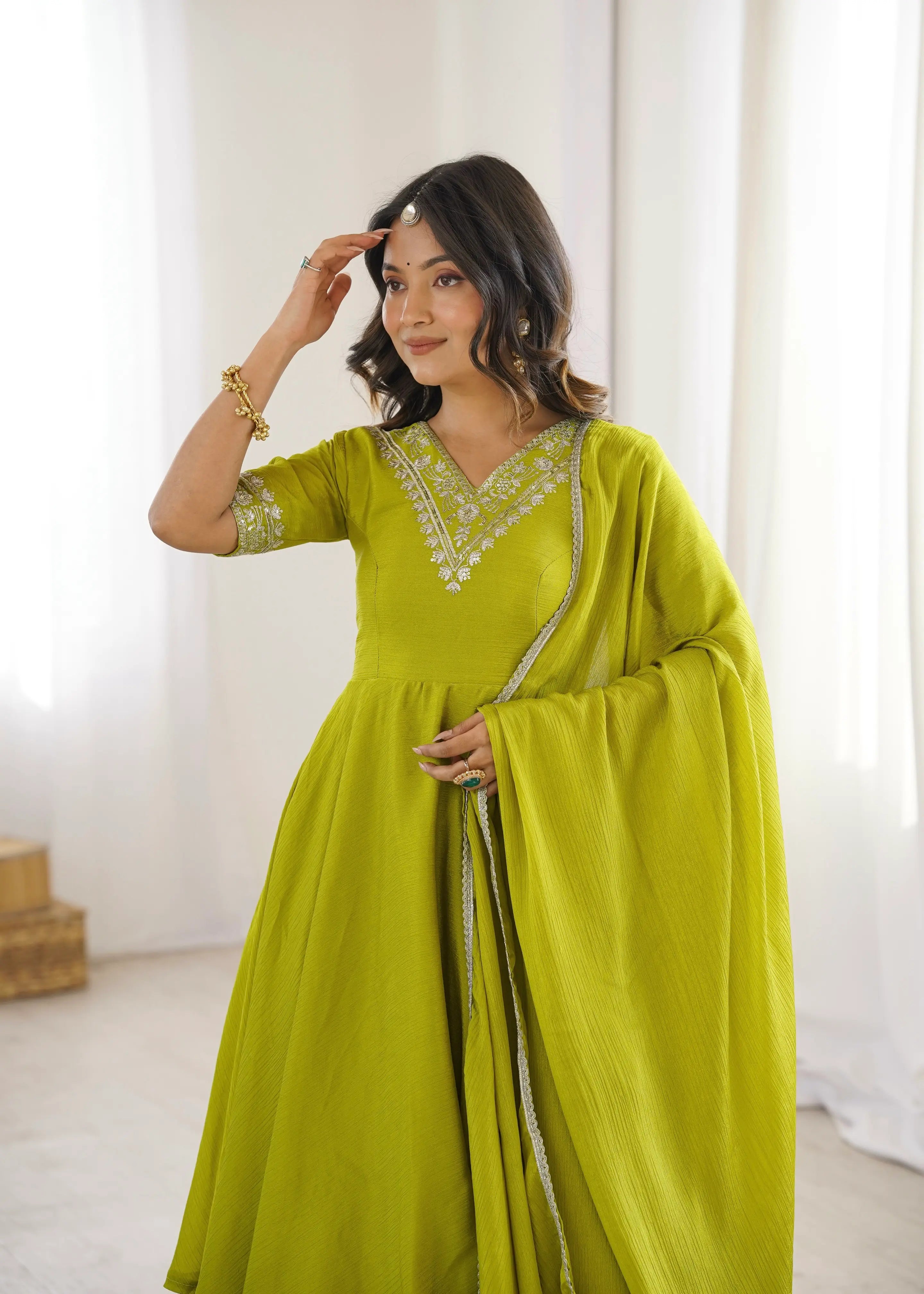 Women's Heavy Chinon Silk Embroidered Palazzo Suit with Dupatta