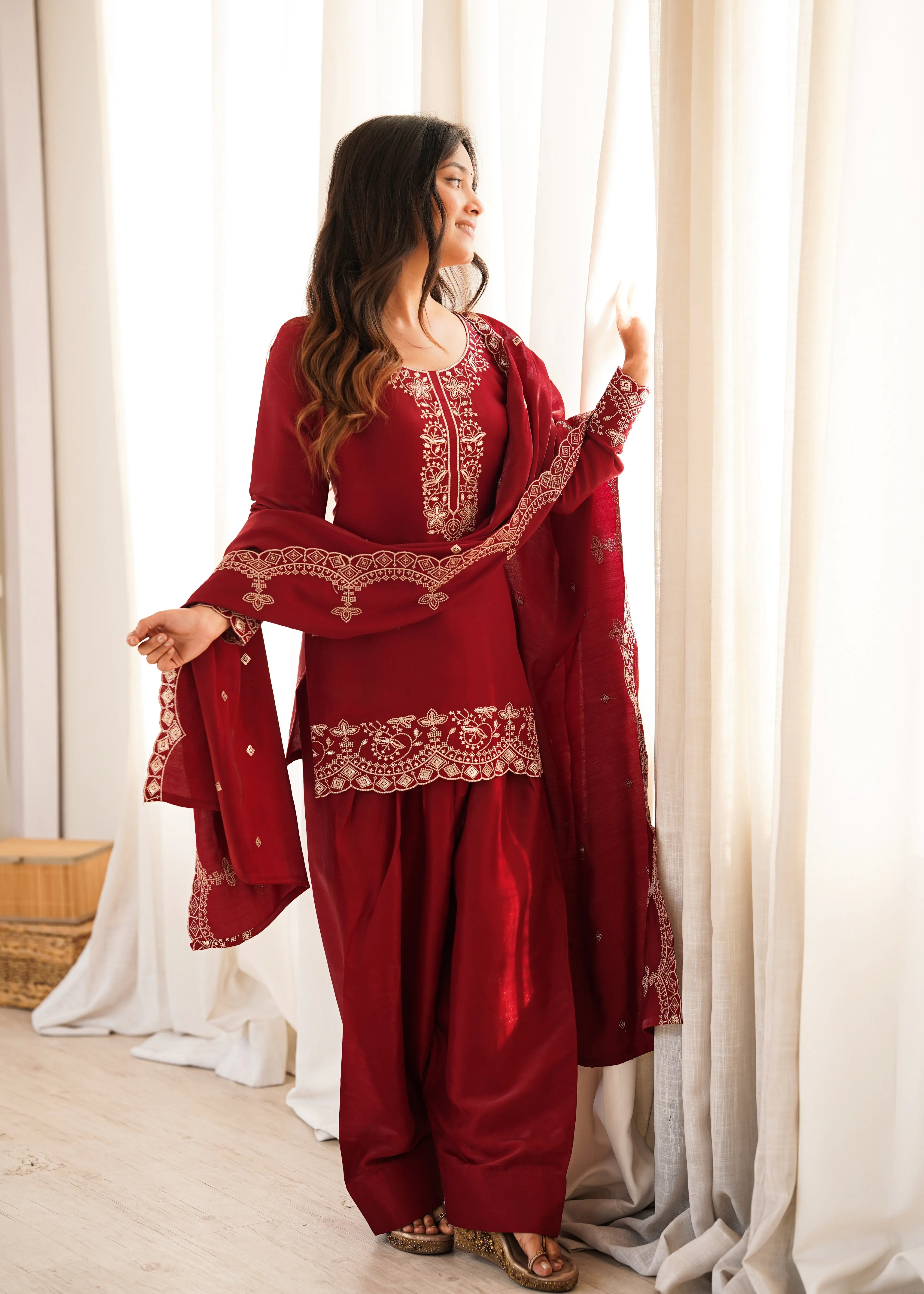 Luxury Glass Roman Silk Embroidered Farshi Shalwar Suit with Zari & Sequence Work