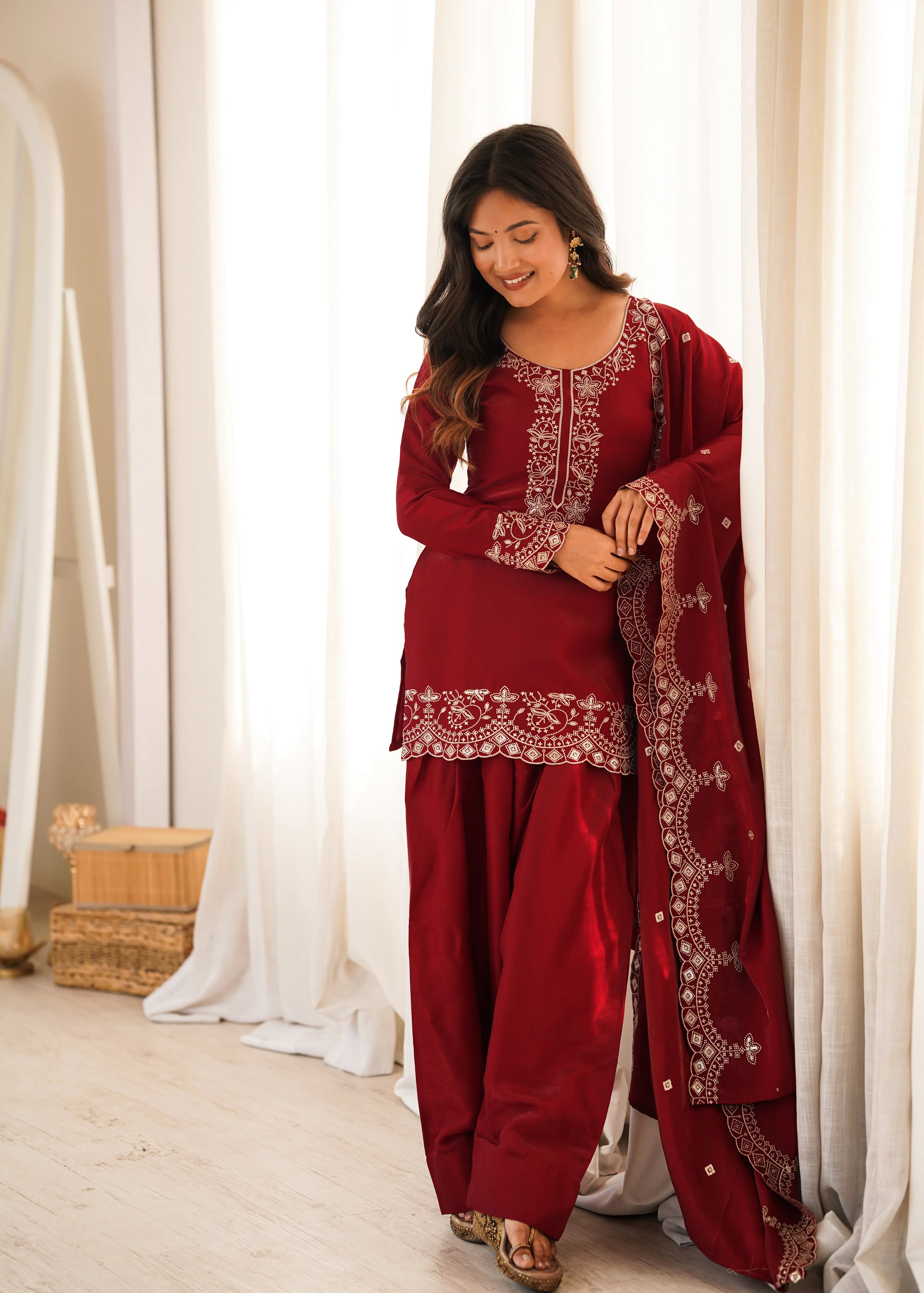 Luxury Glass Roman Silk Embroidered Farshi Shalwar Suit with Zari & Sequence Work