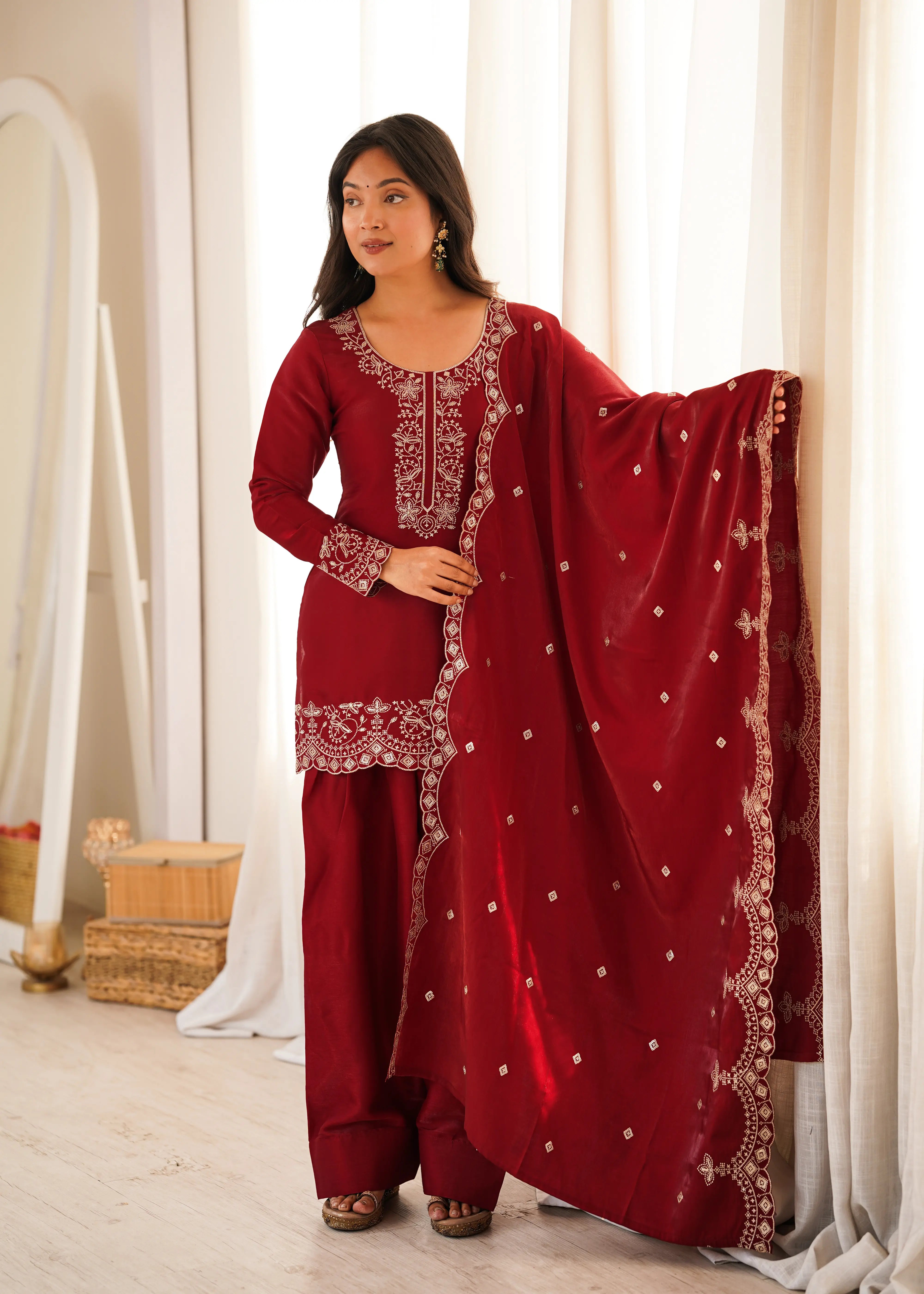 Luxury Glass Roman Silk Embroidered Farshi Shalwar Suit with Zari & Sequence Work