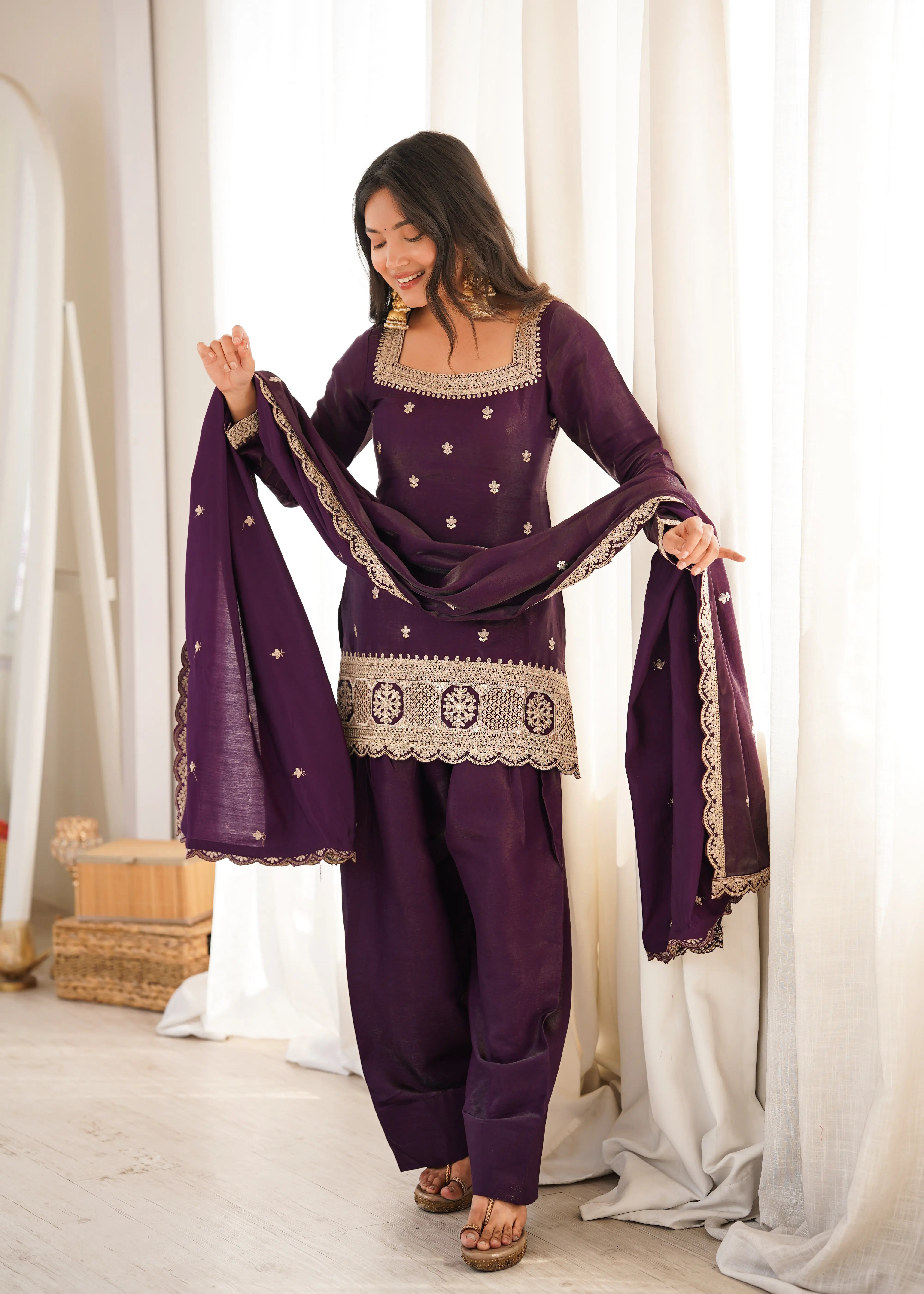 Luxury Glass Roman Silk Farshi Shalwar Set with Embroidered Dupatta