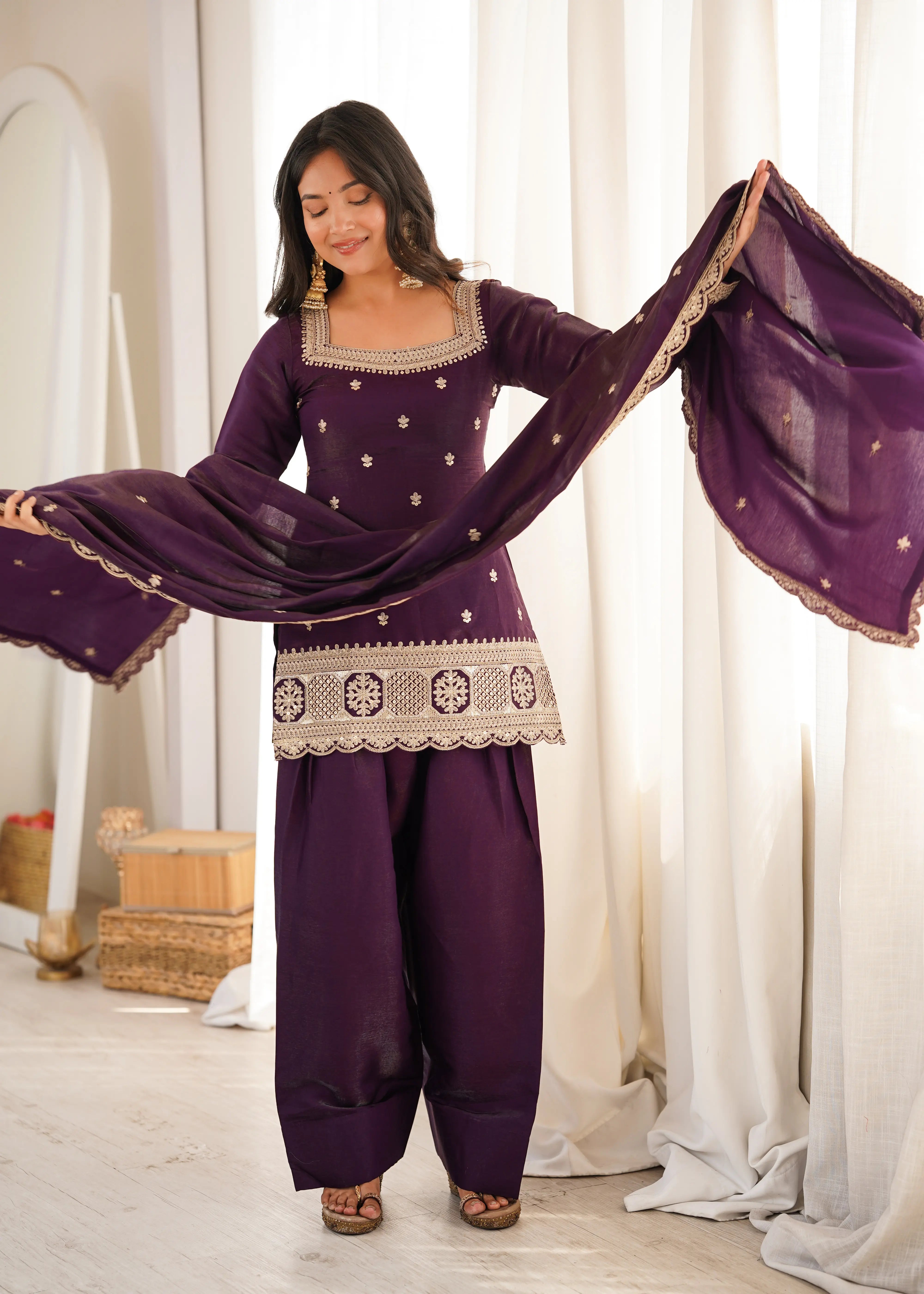 Luxury Glass Roman Silk Farshi Shalwar Set with Embroidered Dupatta
