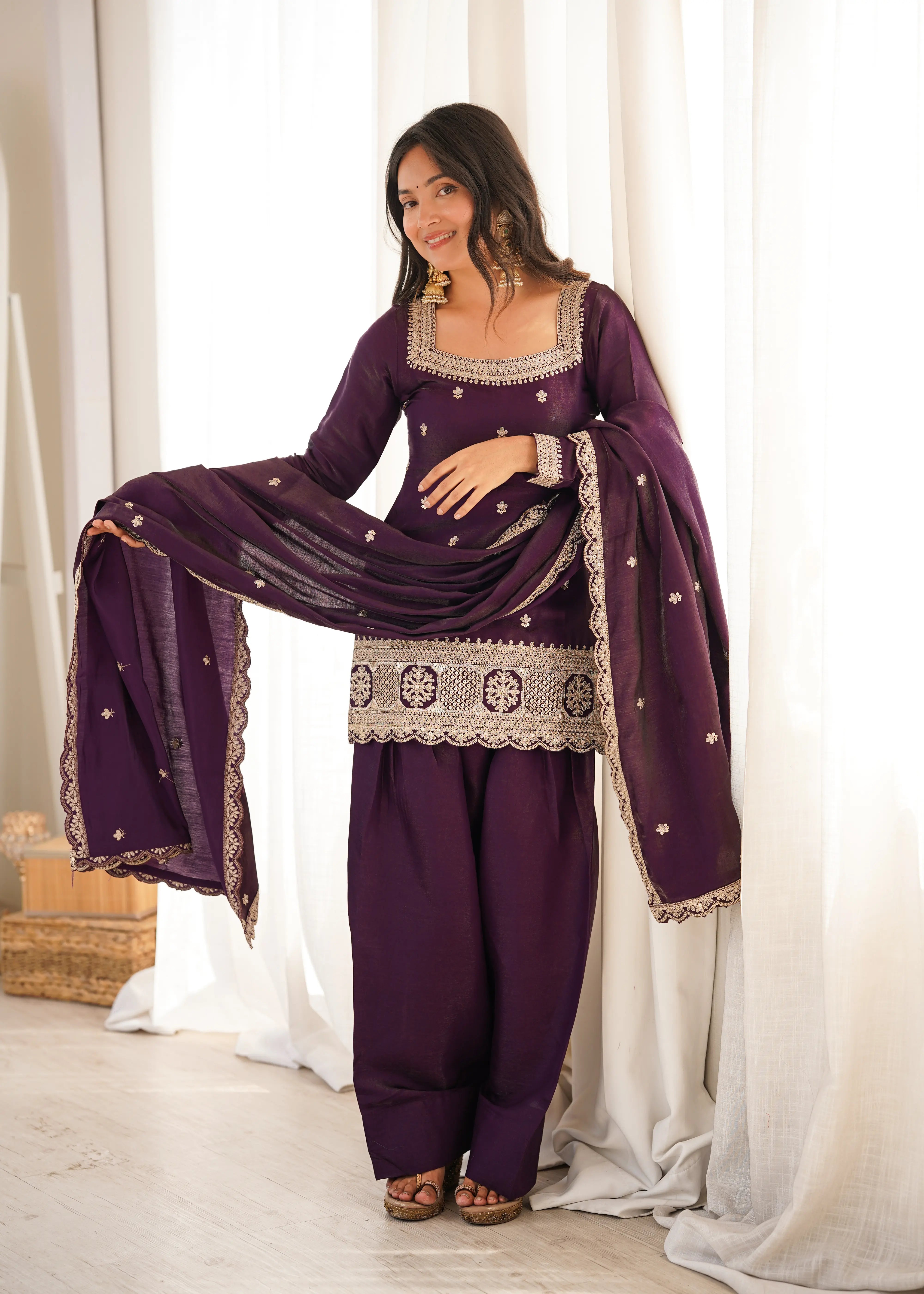 Luxury Glass Roman Silk Farshi Shalwar Set with Embroidered Dupatta