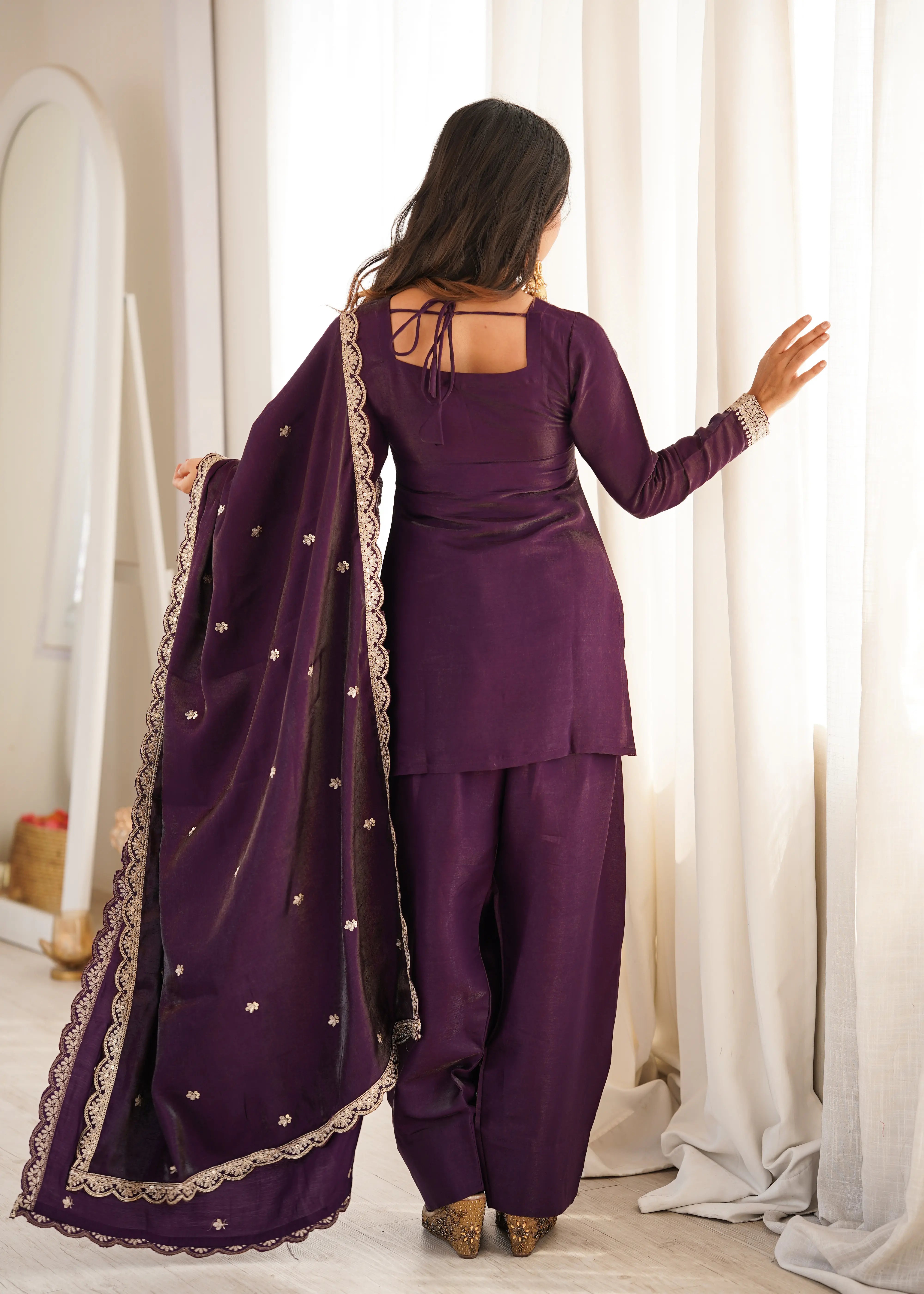 Luxury Glass Roman Silk Farshi Shalwar Set with Embroidered Dupatta
