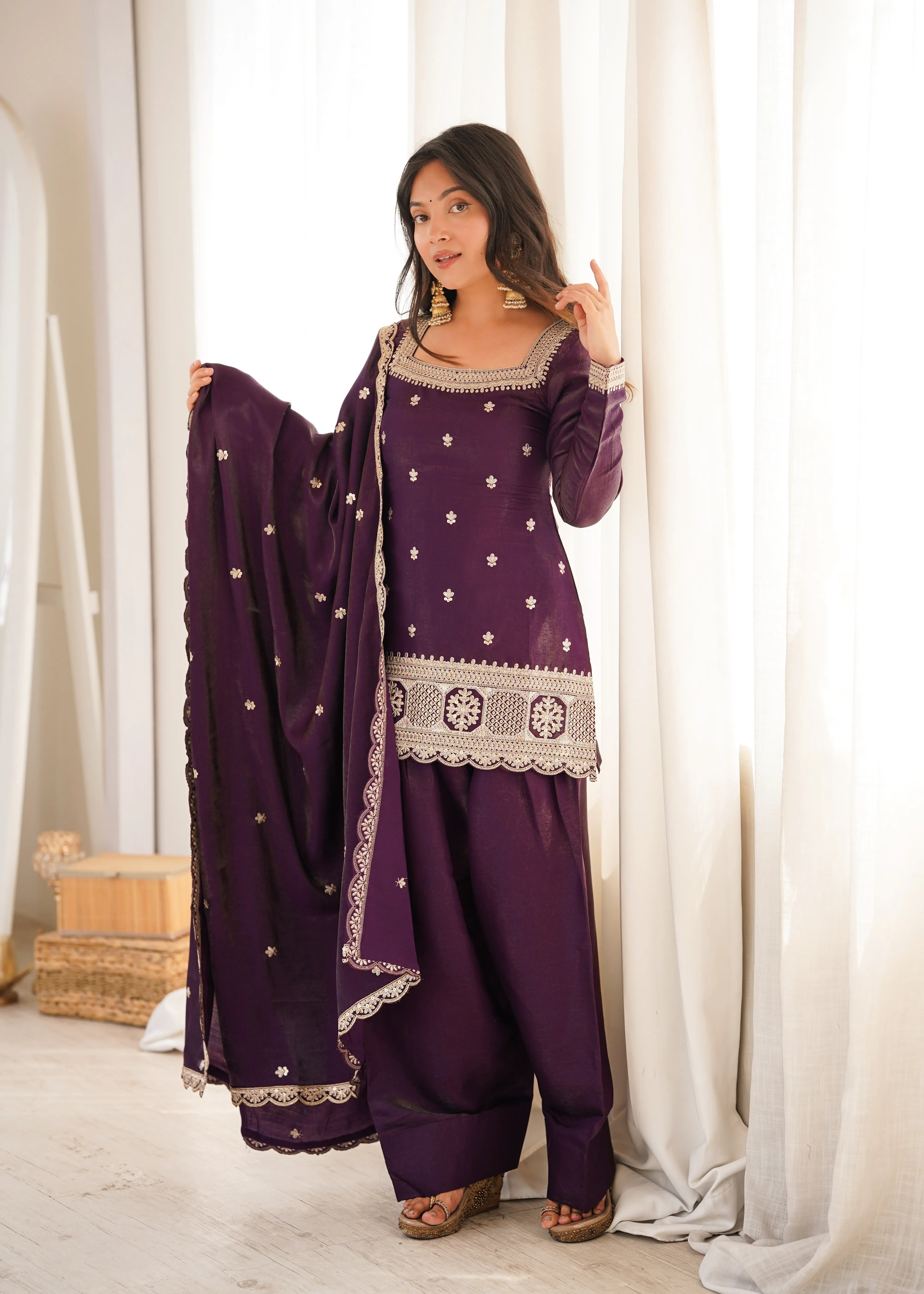 Luxury Glass Roman Silk Farshi Shalwar Set with Embroidered Dupatta